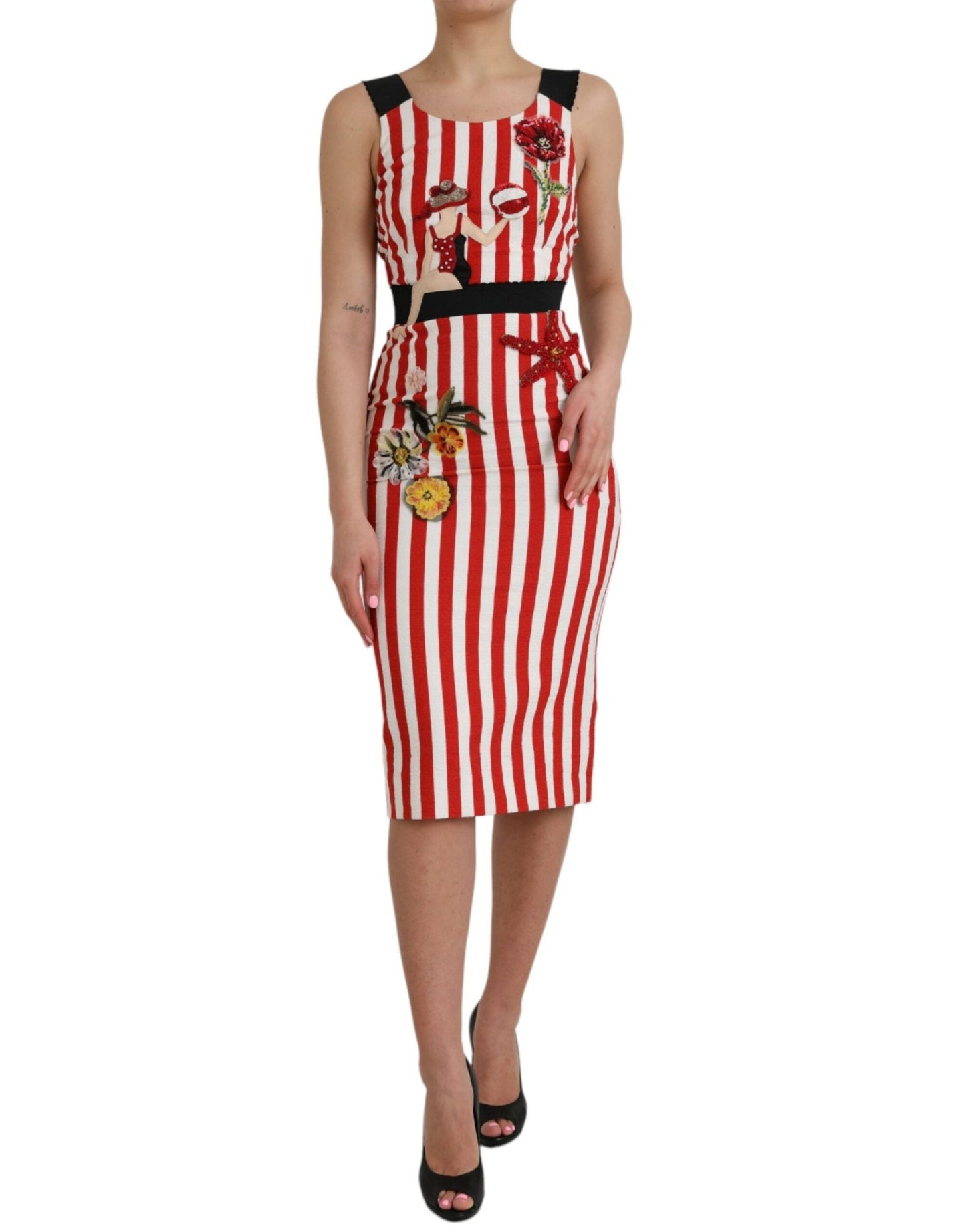 Dolce & Gabbana Red White Floral Sleeveless Sheath Midi Dress - Sandy Store ByNet