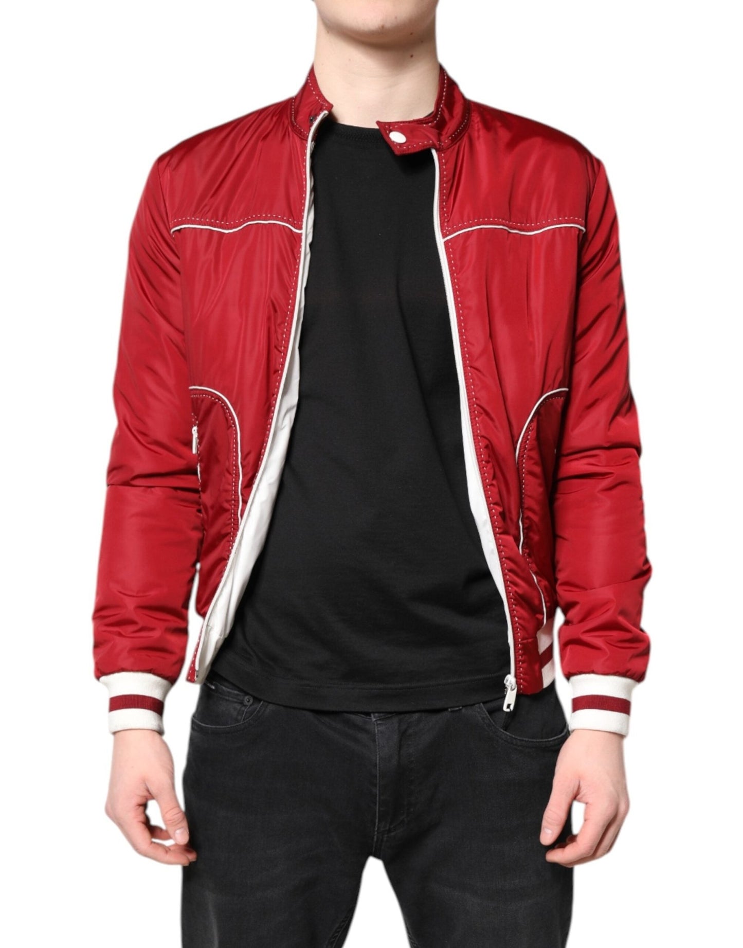 Dolce & Gabbana Red White Nylon Full Zip Men Bomber Jacket – IT44 | XS par Dolce & Gabbana | Disponible sur Sandy Store ByNet