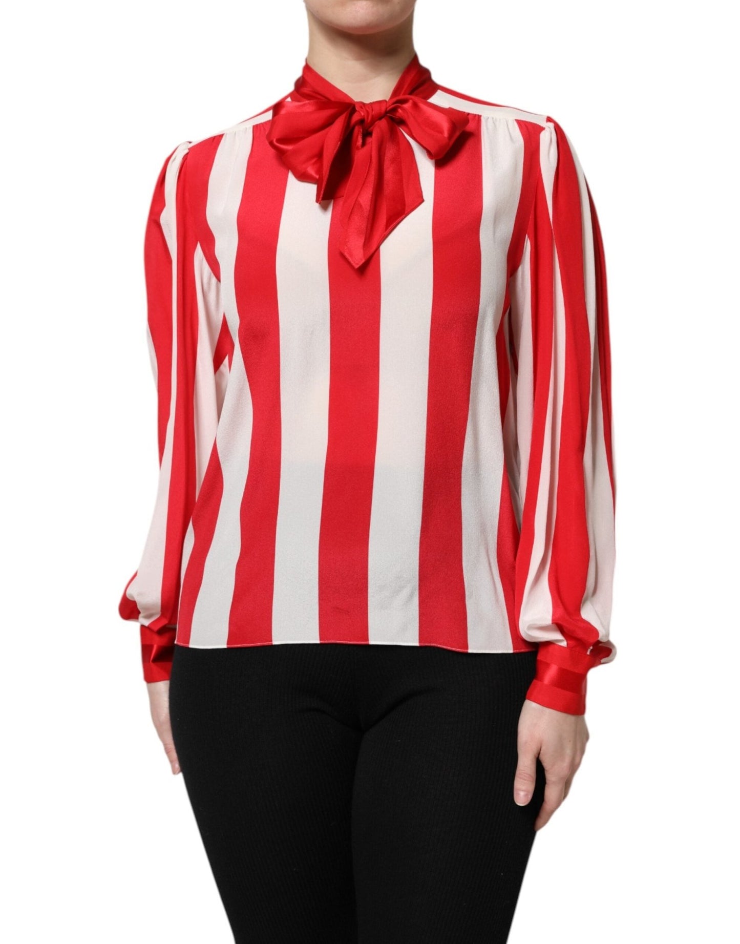 Dolce & Gabbana Red White Stripes Ascot Collar Blouse Top – IT36|XXS par Dolce & Gabbana | Disponible sur Sandy Store ByNet
