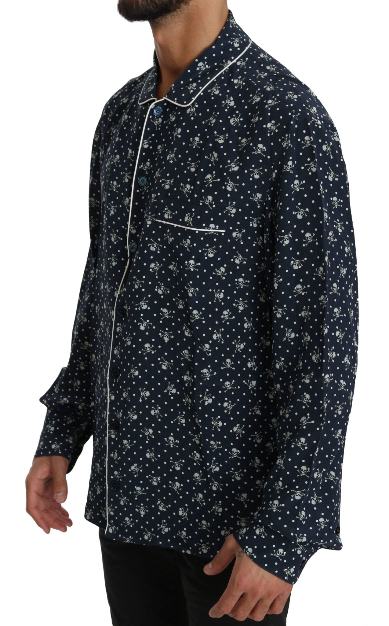 Dolce & Gabbana Silken Elegance: Blue Skull Print Lounge Shirt - Sandy Store ByNet