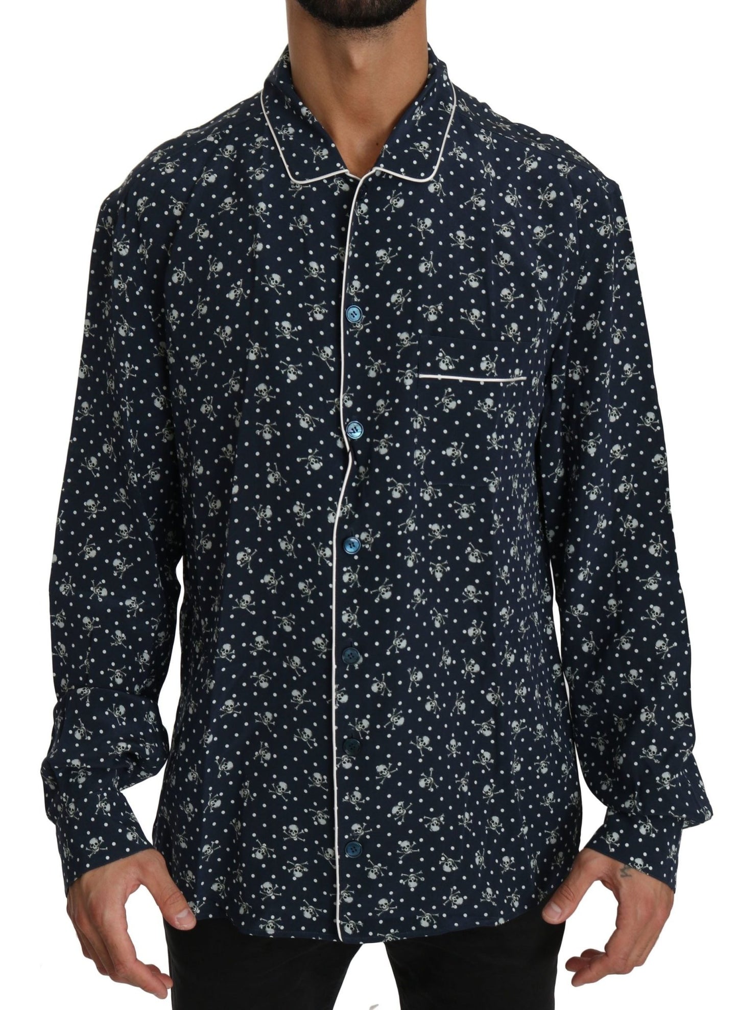 Dolce & Gabbana Silken Elegance: Blue Skull Print Lounge Shirt - Sandy Store ByNet