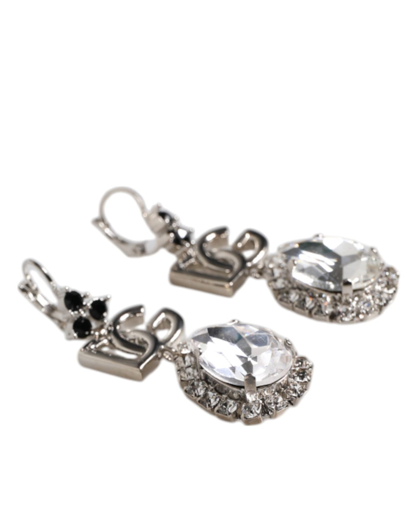 Dolce & Gabbana Silver Brass Crystal Teardrop DG Logo Clip On Earrings - Sandy Store ByNet