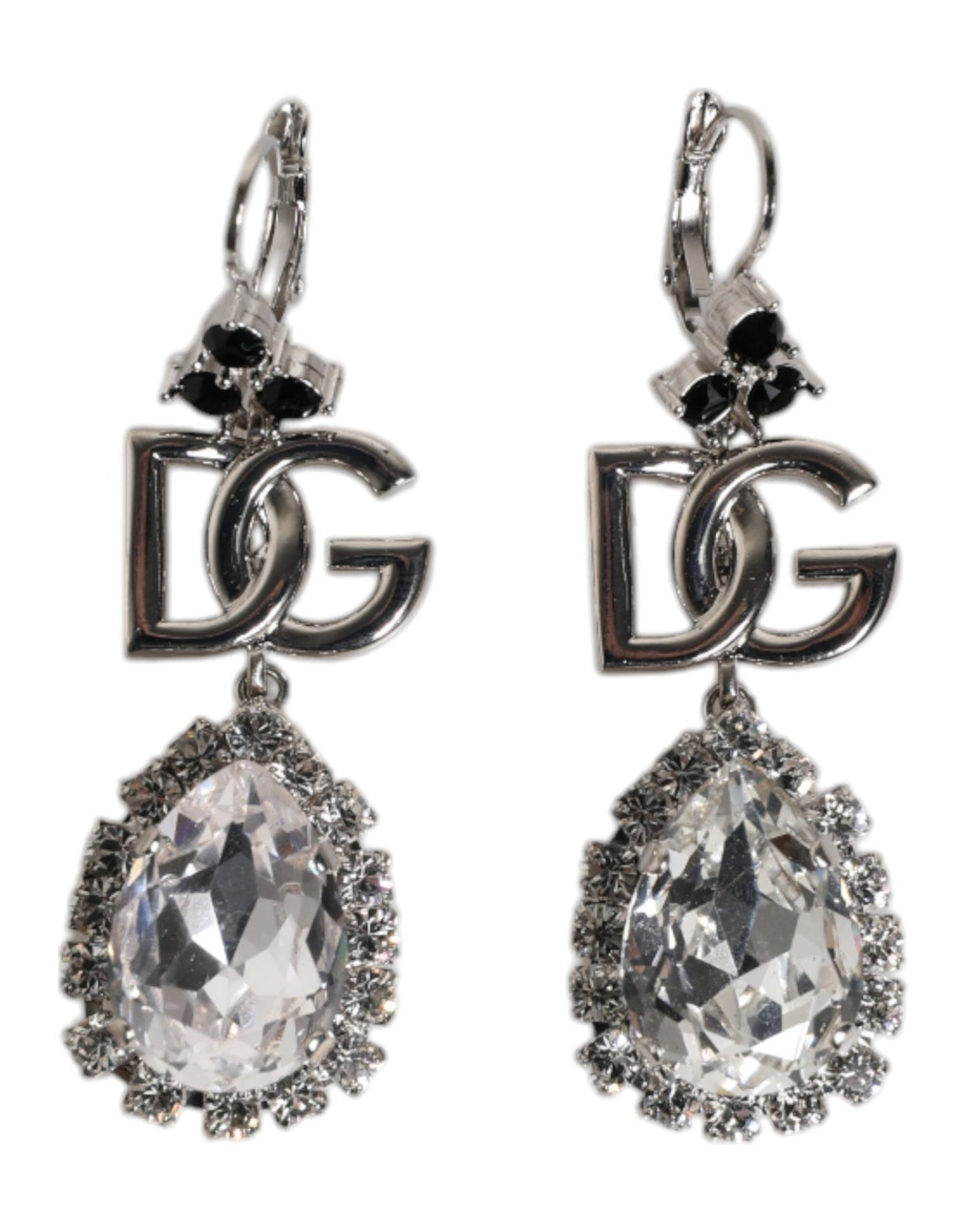 Dolce & Gabbana Silver Brass Crystal Teardrop DG Logo Clip On Earrings - Sandy Store ByNet