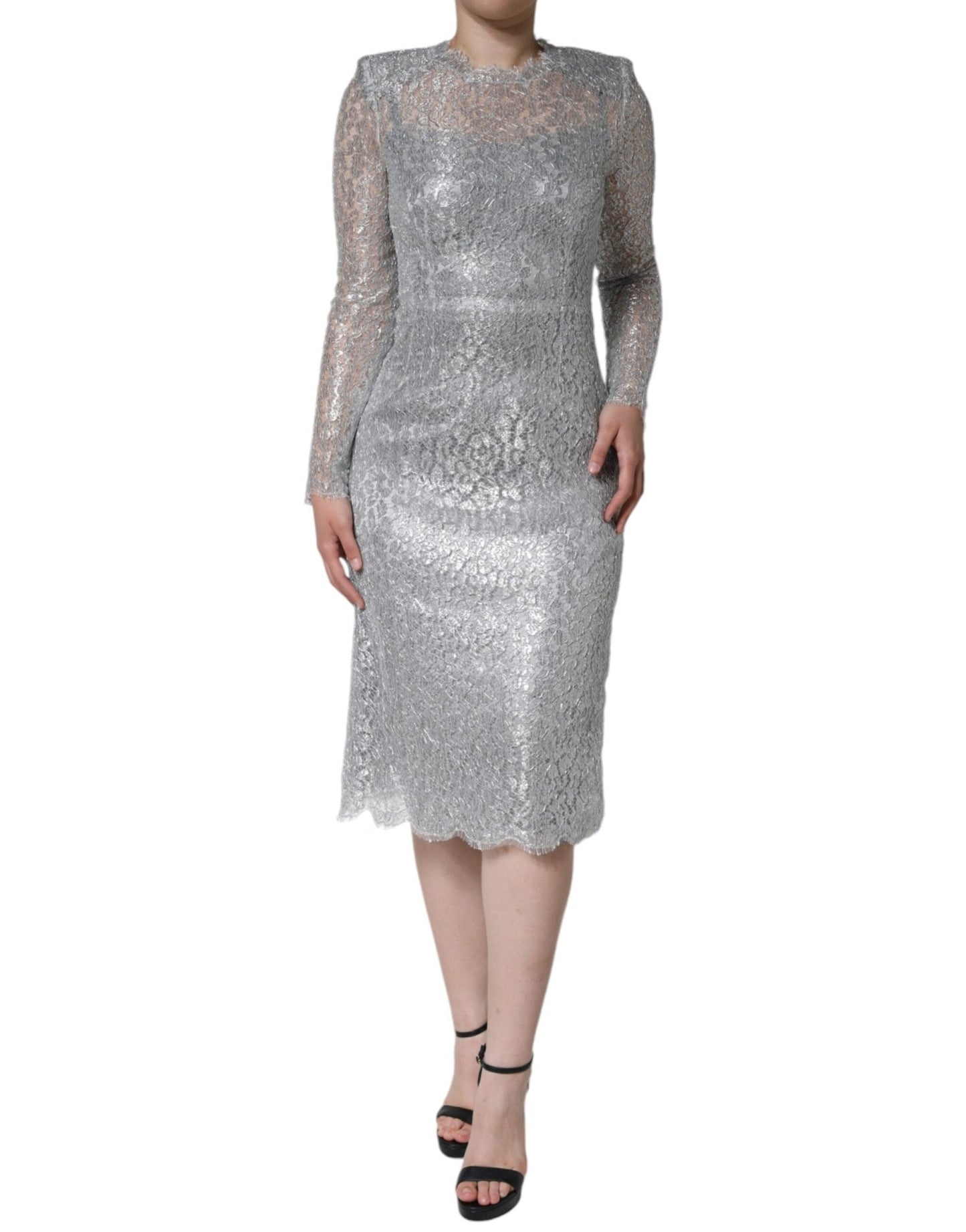 Dolce & Gabbana Silver Floral Lace Bodycon Sheath Midi Dress - Sandy Store ByNet