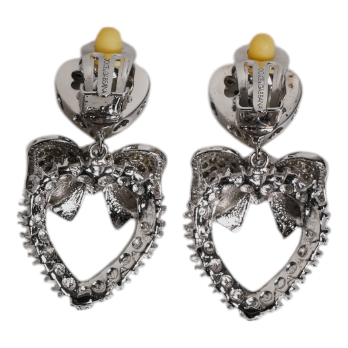 Dolce & Gabbana Silver Heart Bow Rhinestones Dangle Clip - On Earrings - Sandy Store ByNet
