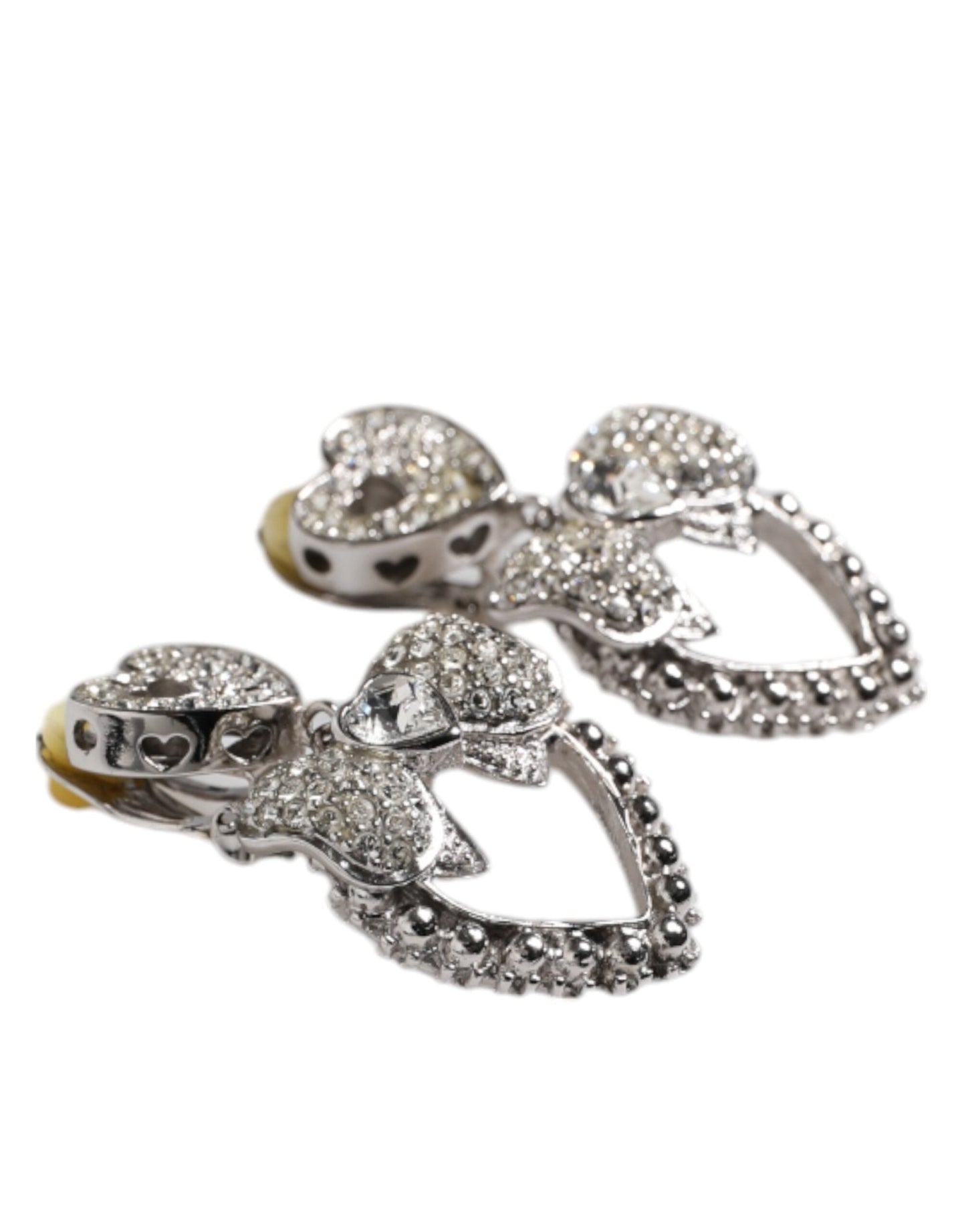 Dolce & Gabbana Silver Heart Bow Rhinestones Dangle Clip - On Earrings - Sandy Store ByNet