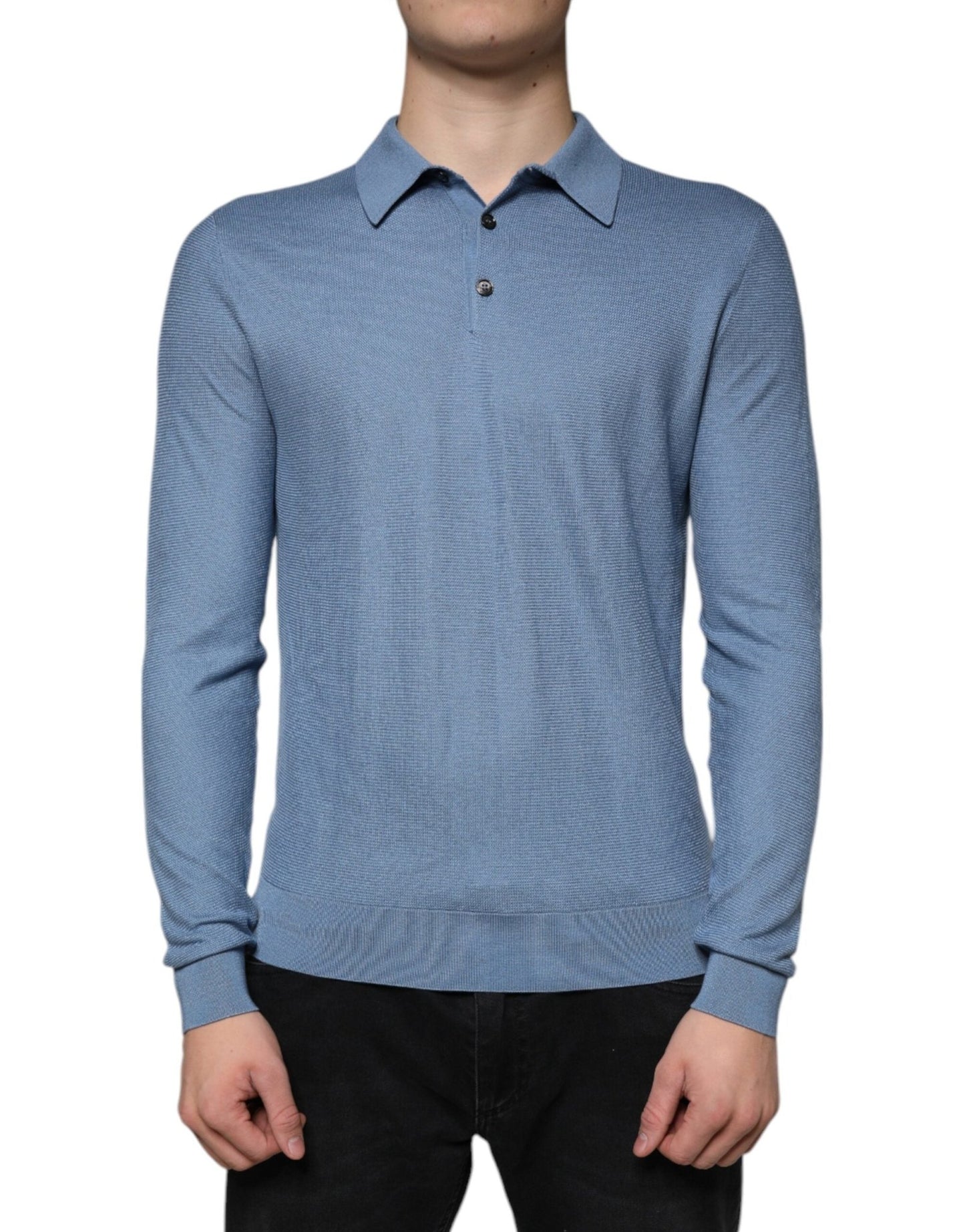 Dolce & Gabbana Sky Blue Silk Collared Men Pullover Sweater – IT48 | M par Dolce & Gabbana | Disponible sur Sandy Store ByNet