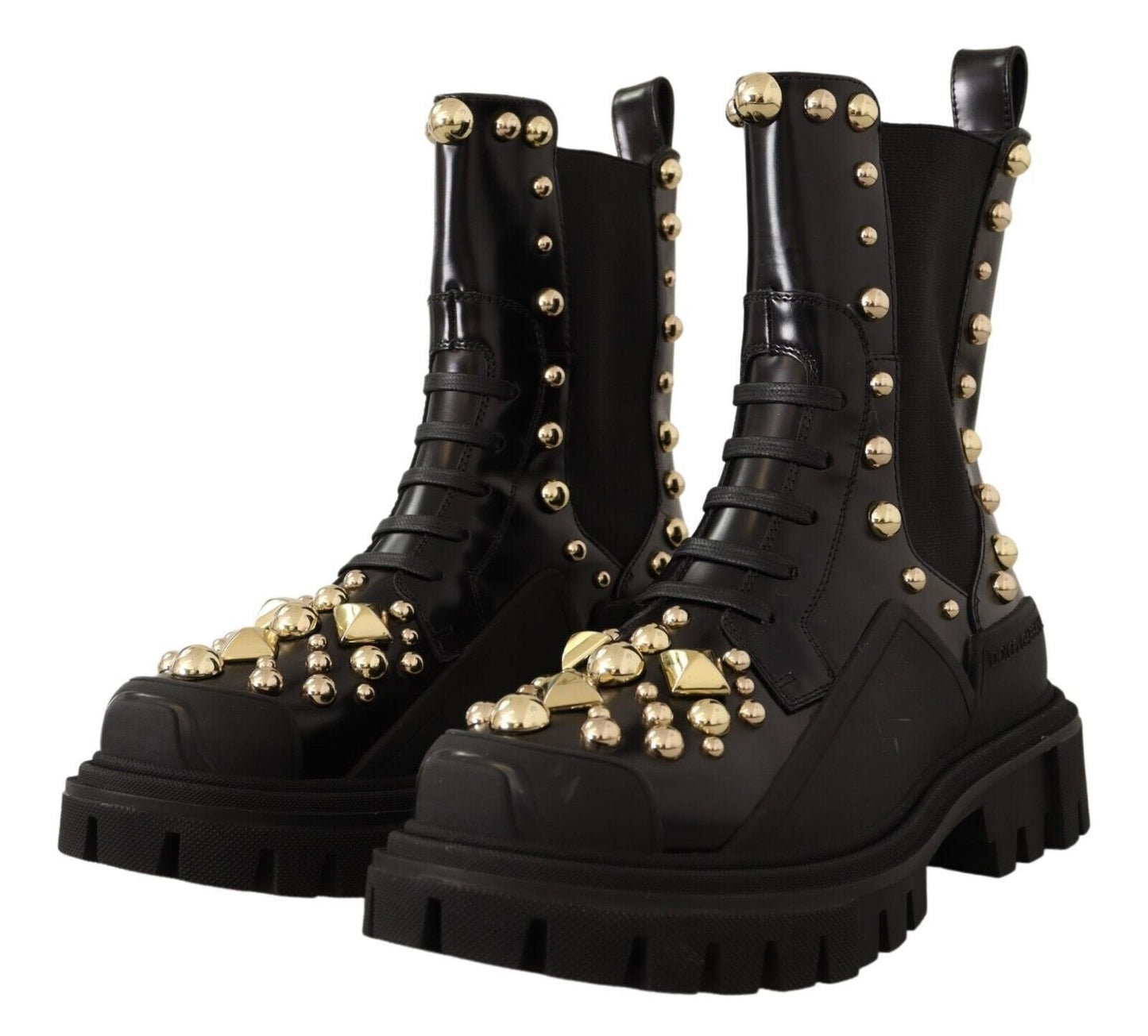 Dolce & Gabbana Studded Leather Combat Boots with Embroidery - Sandy Store ByNet