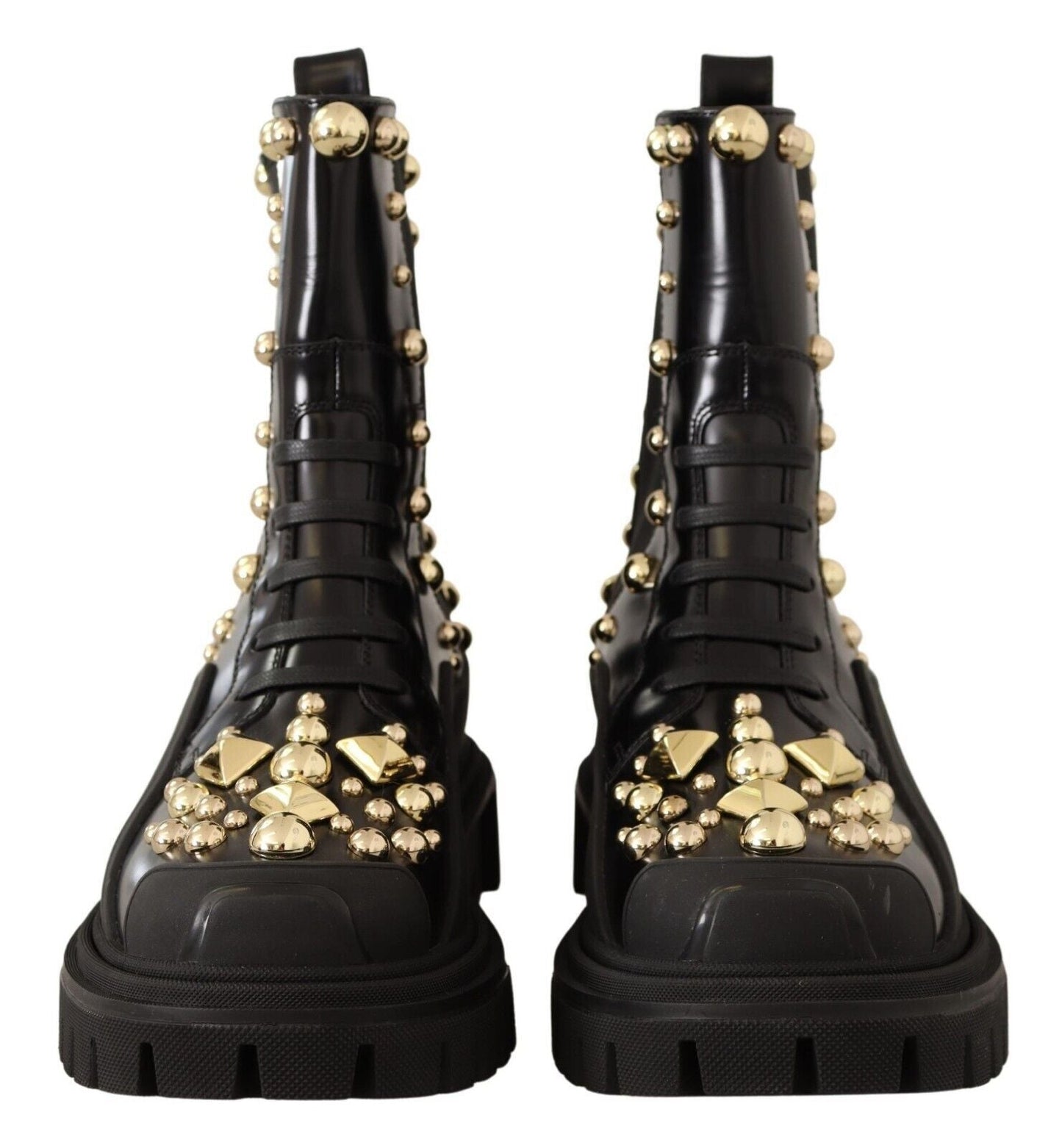 Dolce & Gabbana Studded Leather Combat Boots with Embroidery - Sandy Store ByNet