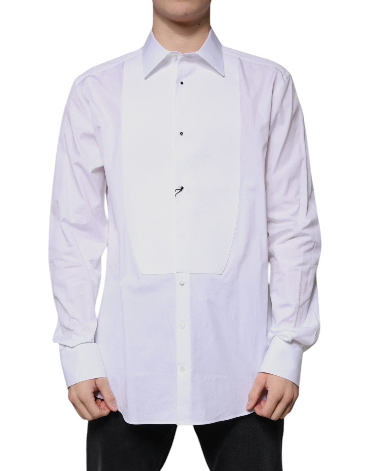 Dolce & Gabbana White Bib Cotton Poplin GOLD Formal Shirt - Sandy Store ByNet