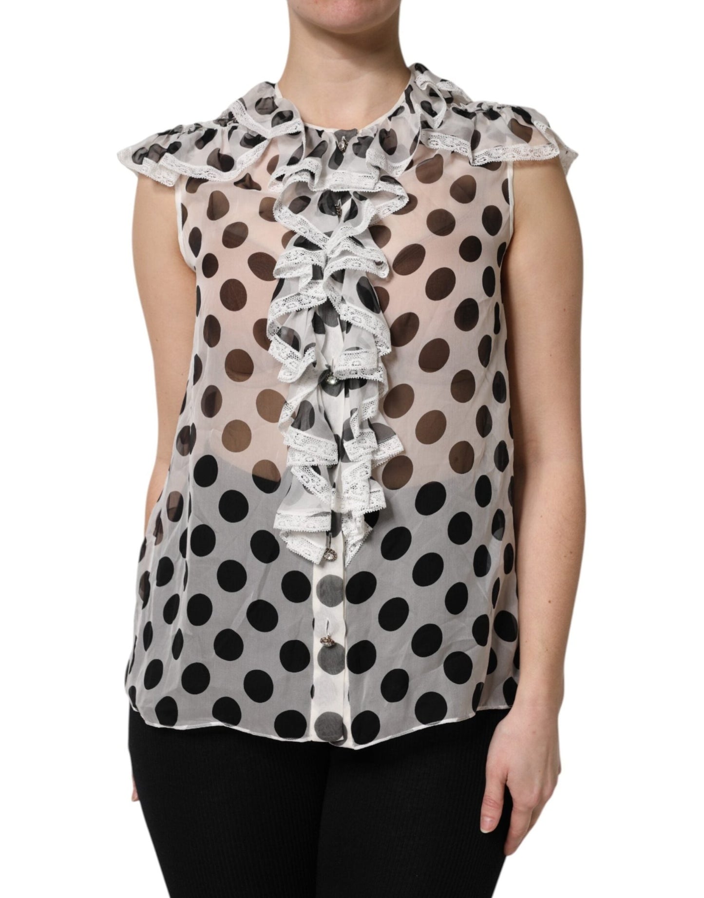 Dolce & Gabbana White Black Polka Dot Cotton Sleeveless Top – IT36|XXS par Dolce & Gabbana | Disponible sur Sandy Store ByNet