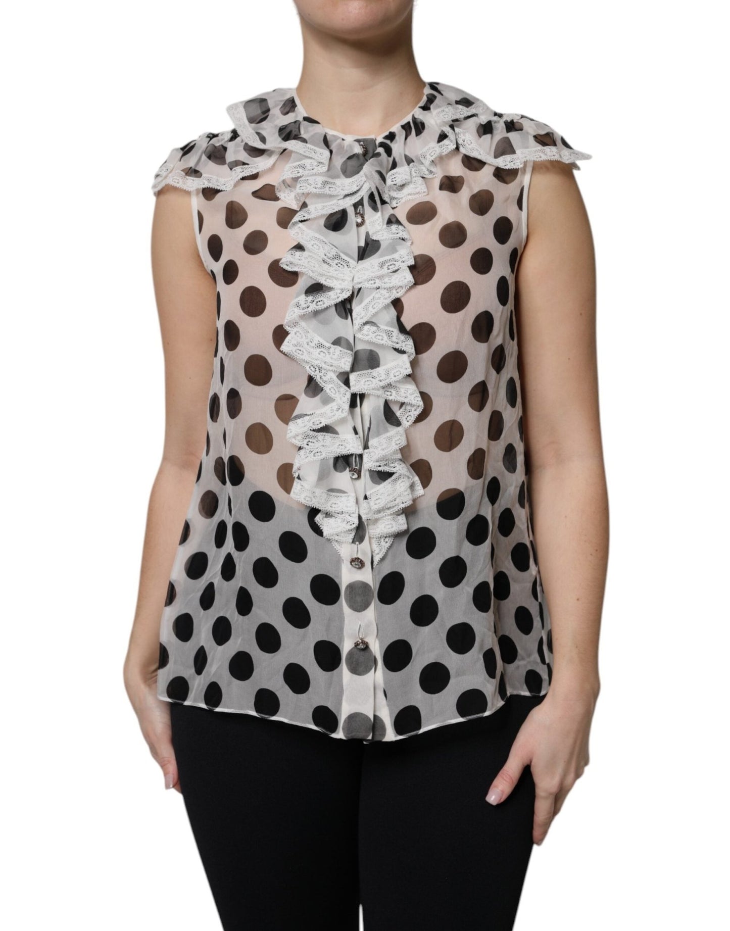 Dolce & Gabbana White Black Polka Dot Cotton Sleeveless Top – IT36 | XS par Dolce & Gabbana | Disponible sur Sandy Store ByNet