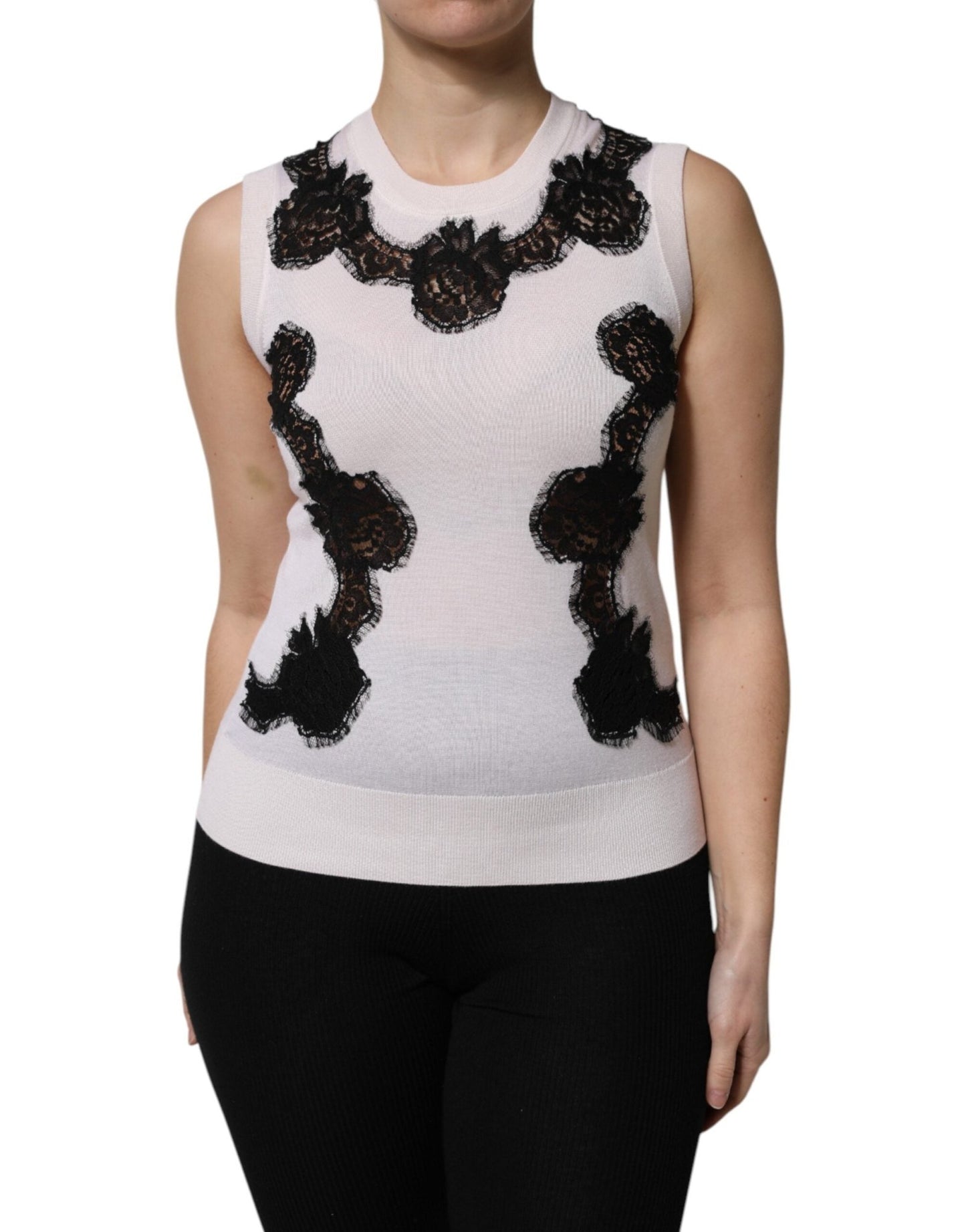 Dolce & Gabbana White Cashmere Floral Lace Detailing Tank Top – IT38 | XS par Dolce & Gabbana | Disponible sur Sandy Store ByNet
