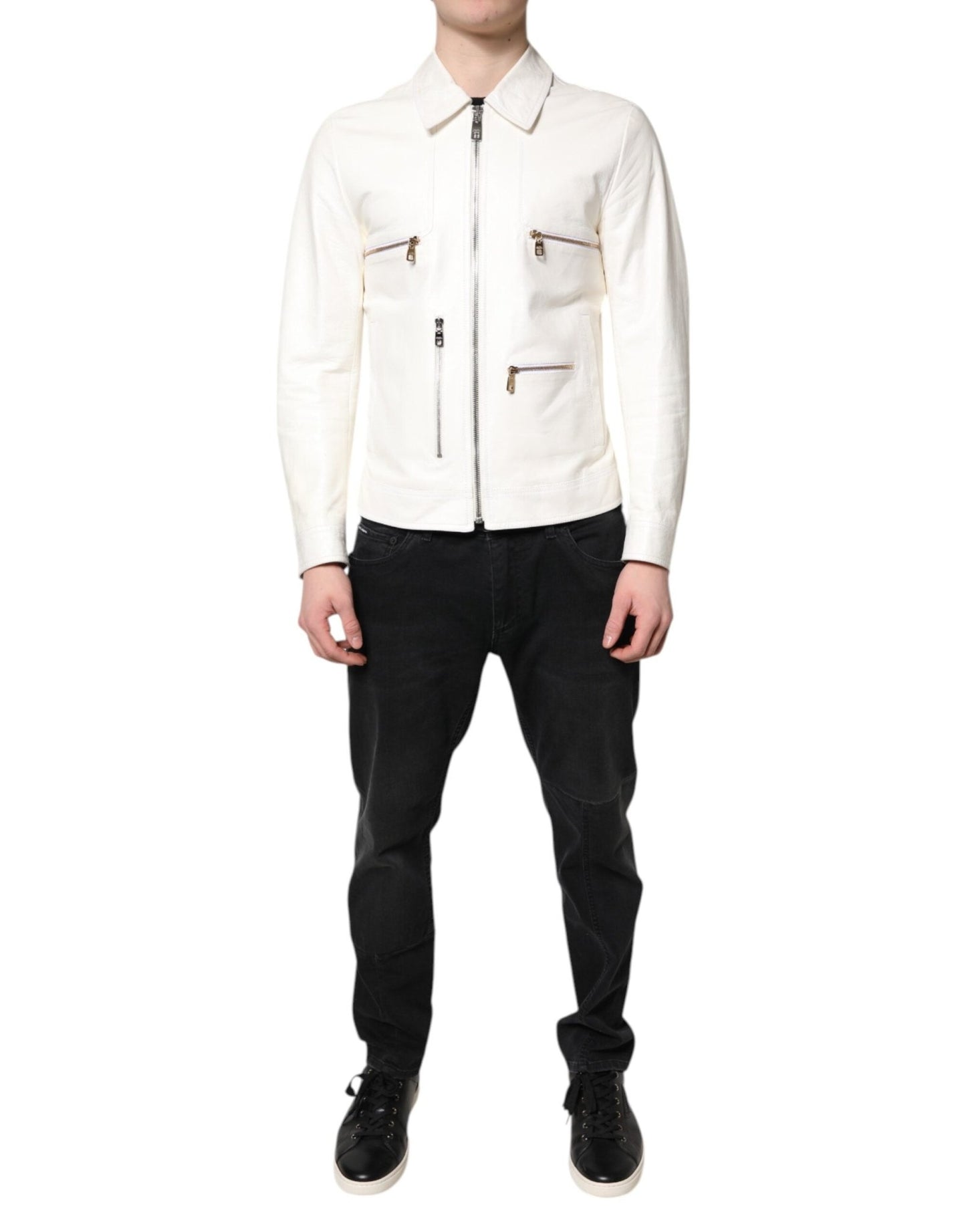 Dolce & Gabbana White Collared Full Zip Biker Coat Jacket – IT48 | M par Dolce & Gabbana | Disponible sur Sandy Store ByNet