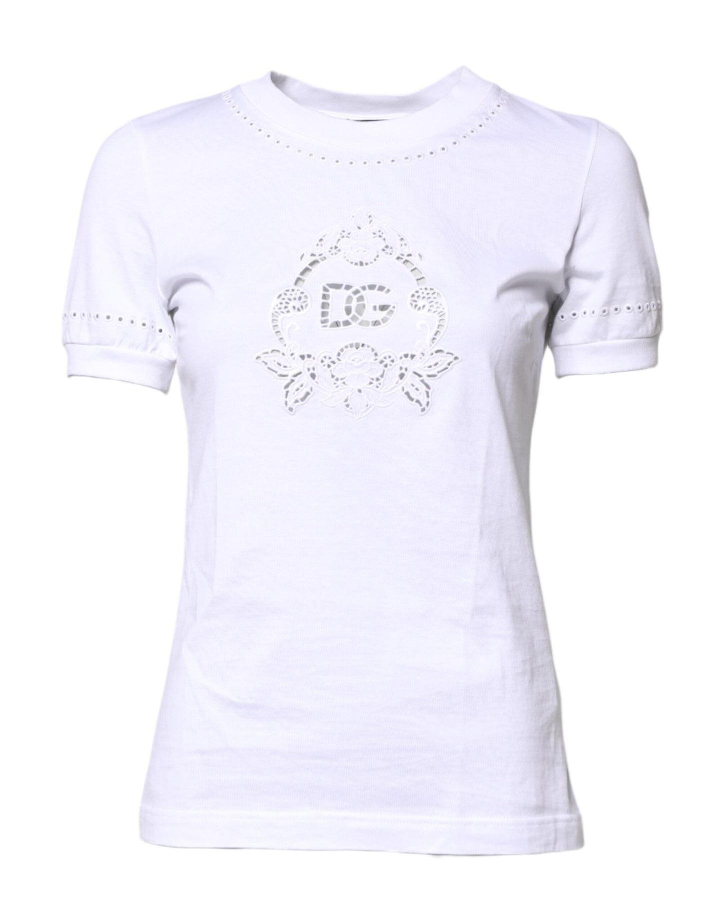 Dolce & Gabbana White Cotton Floral Logo Crew Neck T-shirt – IT36|XXS par Dolce & Gabbana | Disponible sur Sandy Store ByNet
