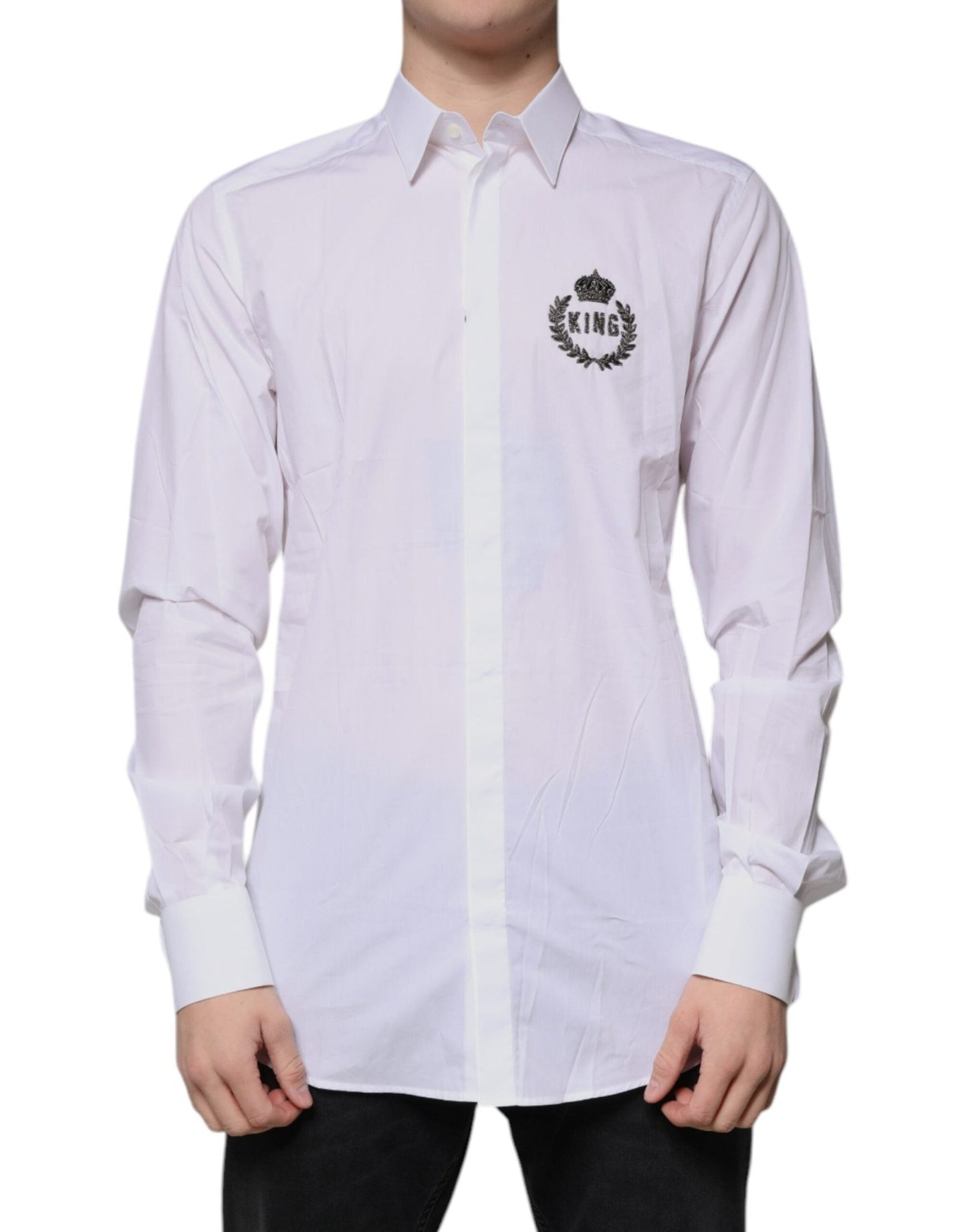 Dolce & Gabbana White Cotton Logo Formal Men GOLD Dress Shirt - Sandy Store ByNet