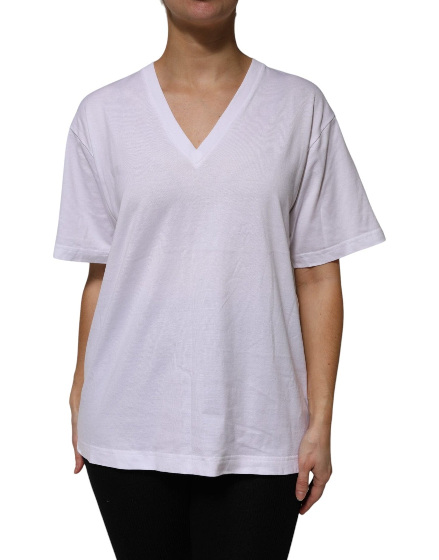 Dolce & Gabbana White Cotton Short Sleeves V - neck T-shirt – IT46|XL par Dolce & Gabbana | Disponible sur Sandy Store ByNet