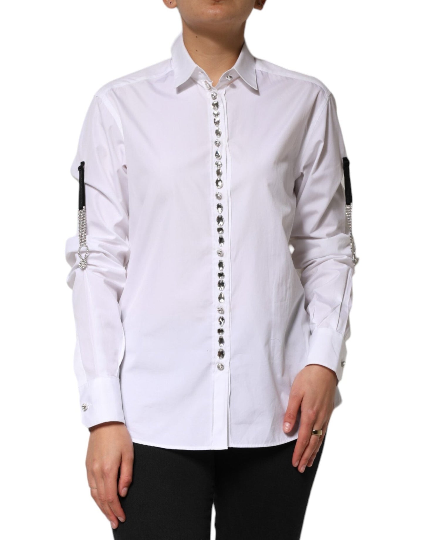 Dolce & Gabbana White Crystal Embellished Collared Shirt Top – IT38 | XS par Dolce & Gabbana | Disponible sur Sandy Store ByNet