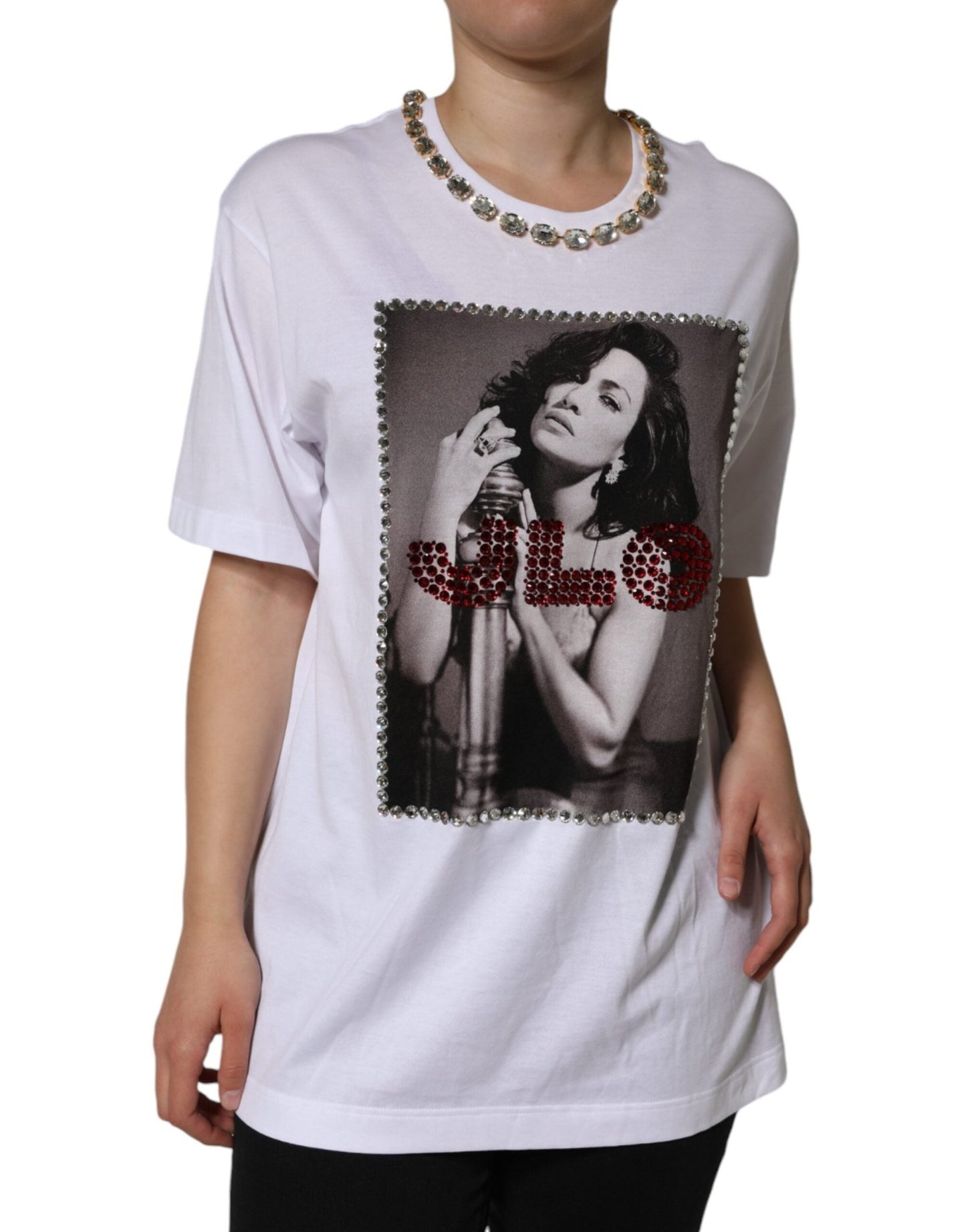 Dolce & Gabbana White Crystal Neckline Embellished Printed T-shirt – IT36 | XS par Dolce & Gabbana | Disponible sur Sandy Store ByNet