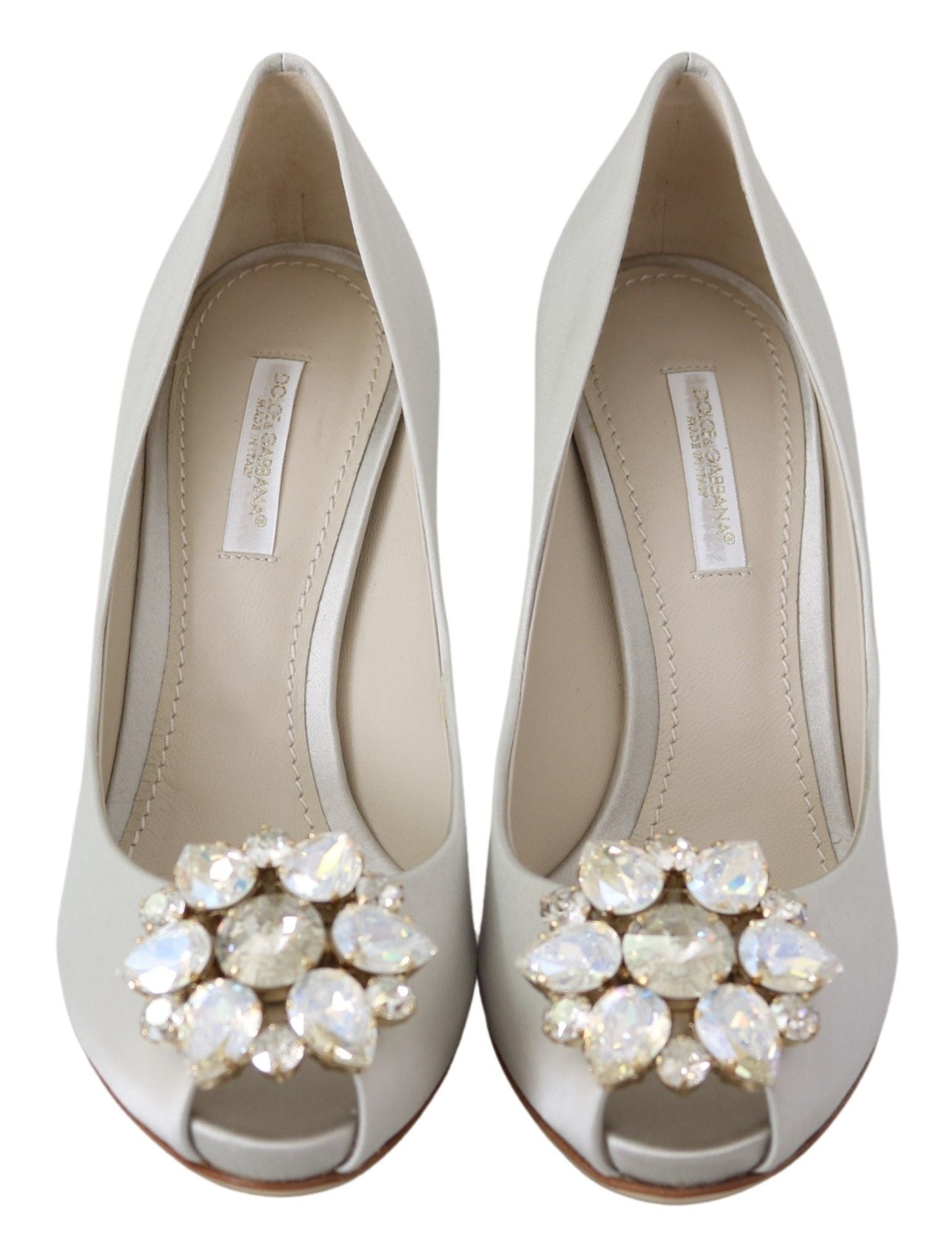 Dolce & Gabbana White Crystal Peep Toe Silk Blend Heels - Sandy Store ByNet