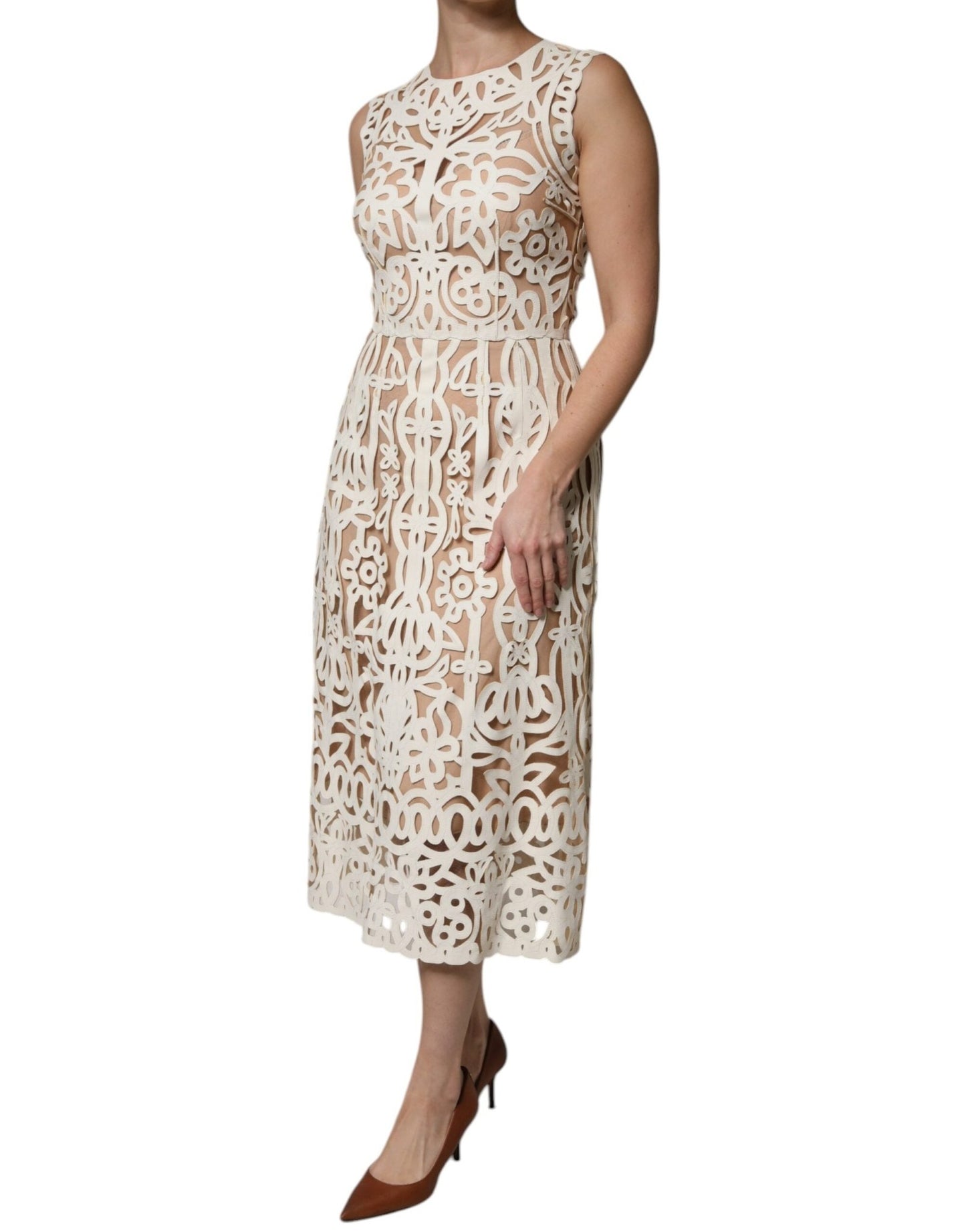 Dolce & Gabbana White Cut Out Leather Sleeveless Midi Dress - Sandy Store ByNet