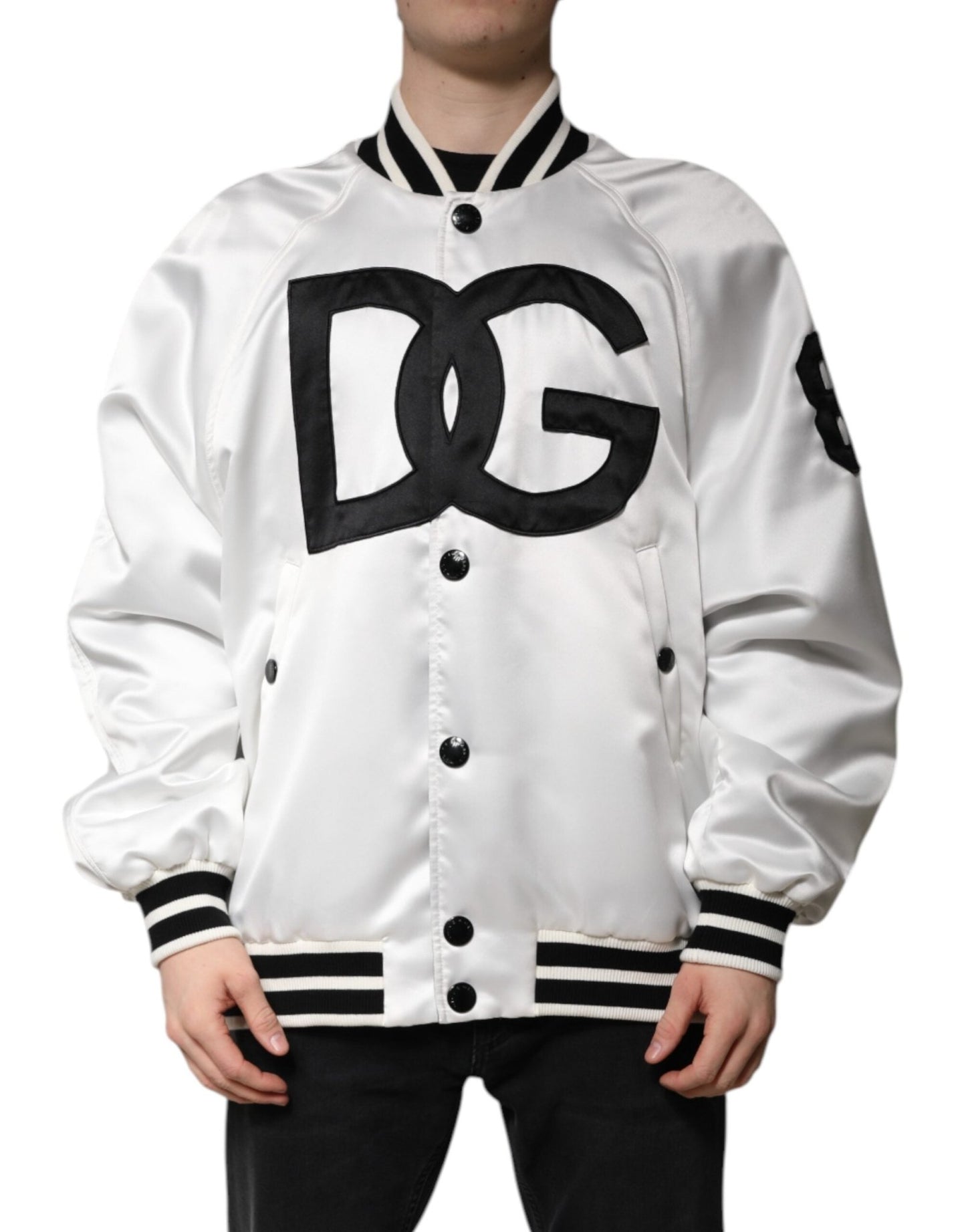 Dolce & Gabbana White DG Logo Polyester Jersey Bomber Jacket – IT50 | L par Dolce & Gabbana | Disponible sur Sandy Store ByNet