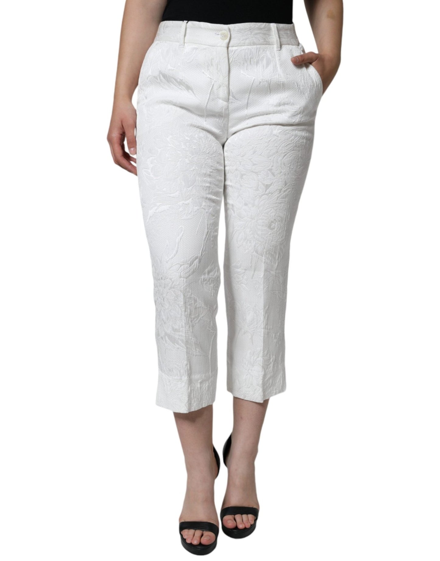 Dolce & Gabbana White Floral Brocade Cotton Cropped Pants – IT40|S par Dolce & Gabbana | Disponible sur Sandy Store ByNet