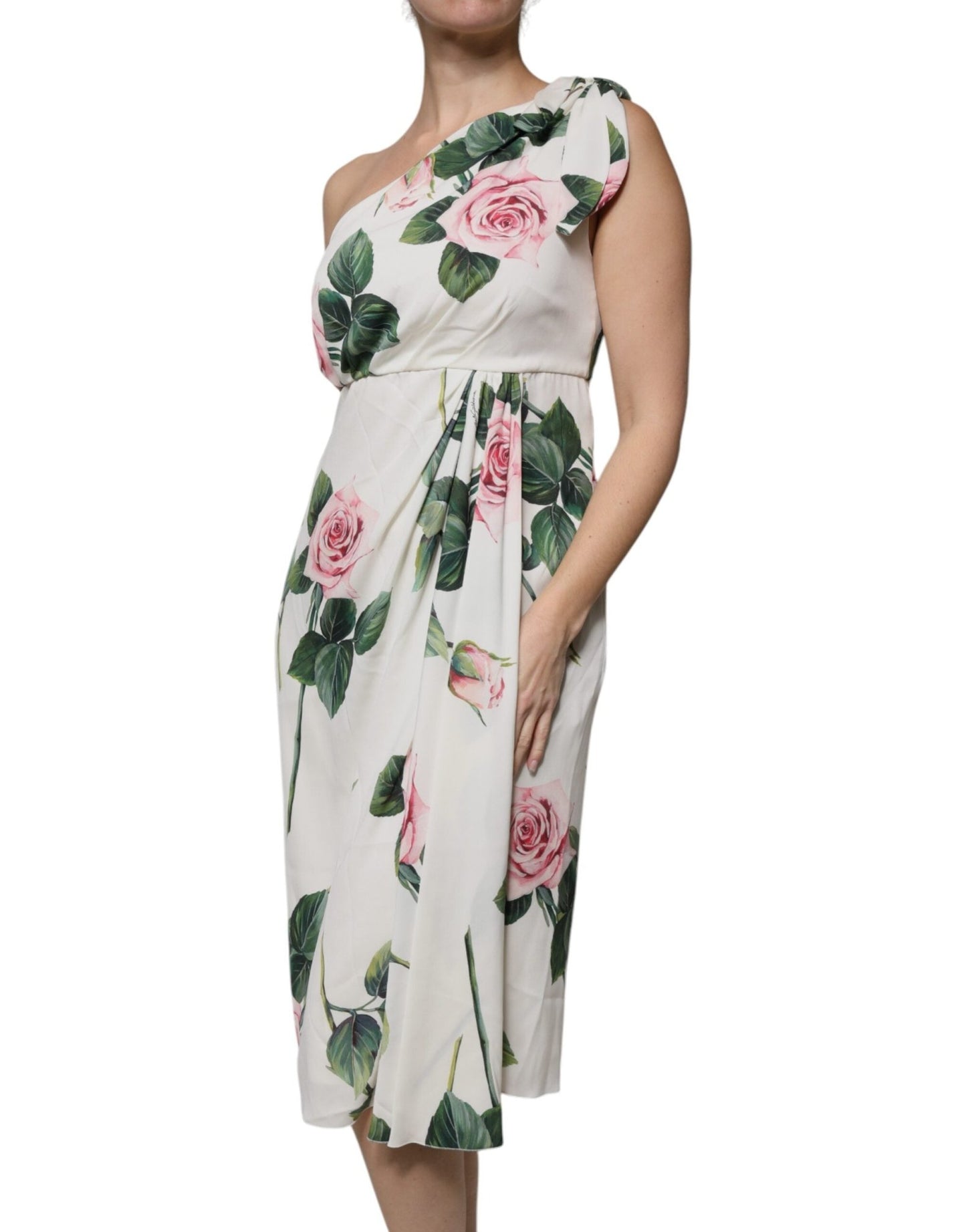 Dolce & Gabbana White Floral Silk One Shoulder Midi Dress - Sandy Store ByNet