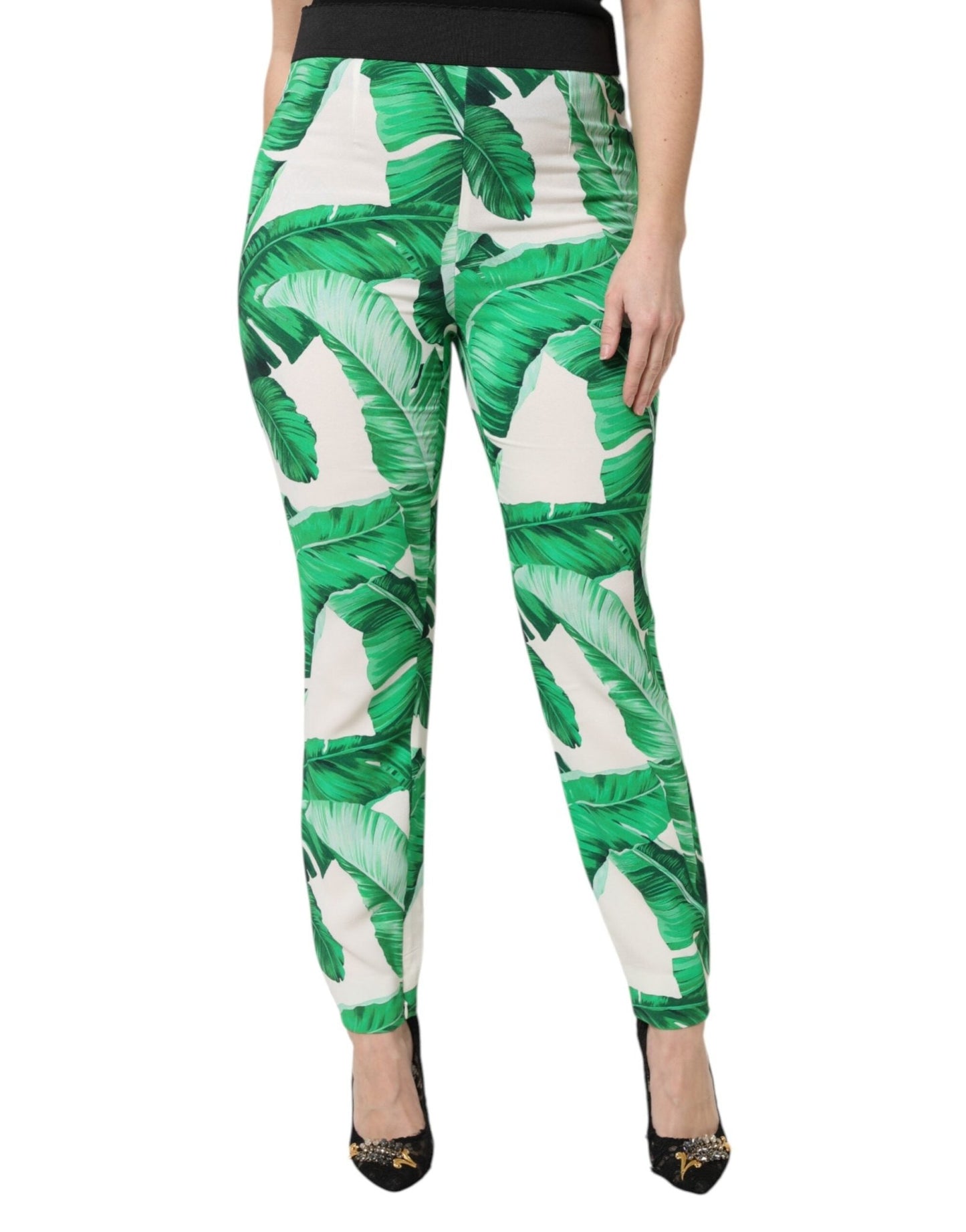 Dolce & Gabbana White Green Leaf High Waist Pants – IT36|XXS par Dolce & Gabbana | Disponible sur Sandy Store ByNet