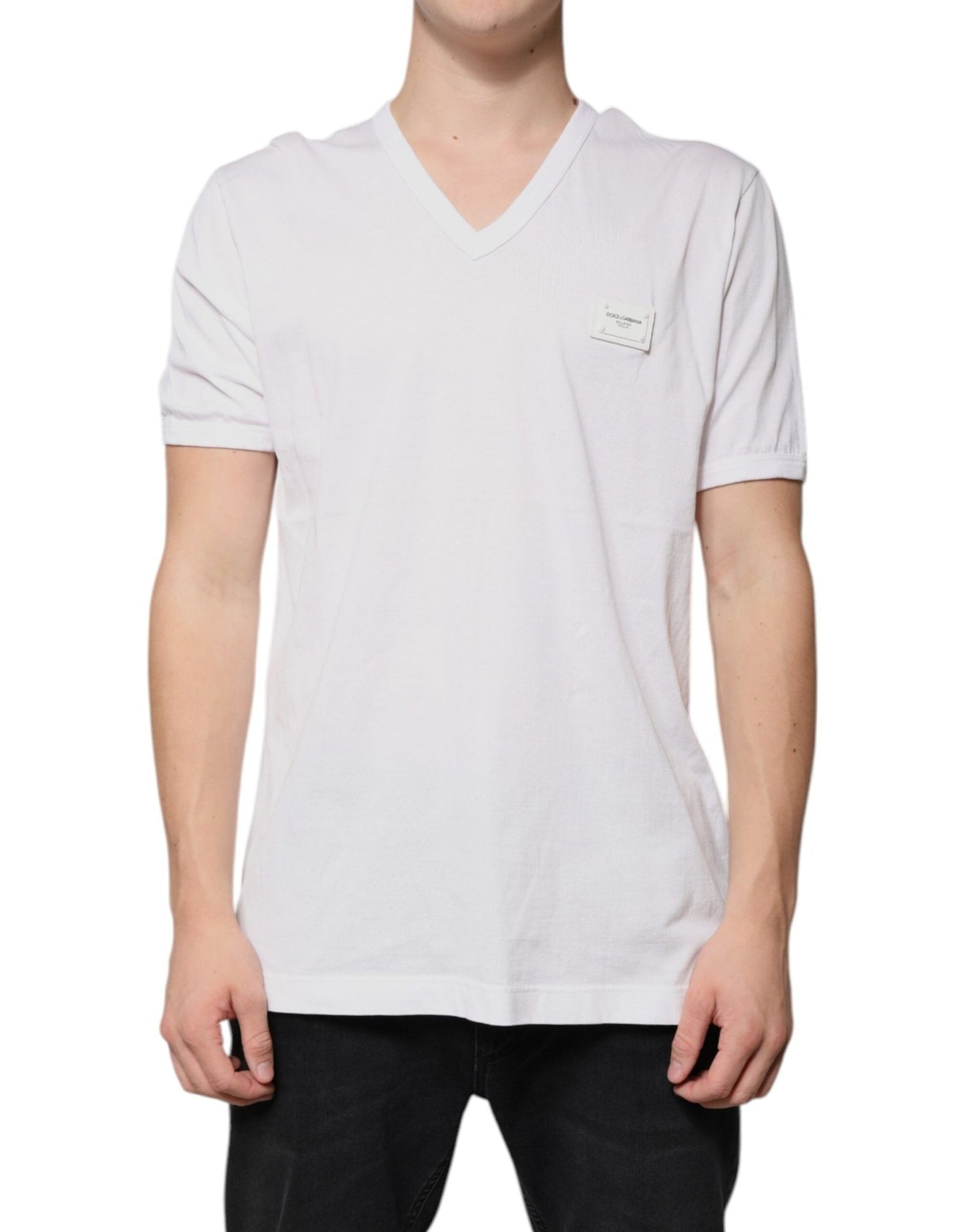 Dolce & Gabbana White Logo V - neck Short Sleeve T-shirt – IT56 | XXL par Dolce & Gabbana | Disponible sur Sandy Store ByNet