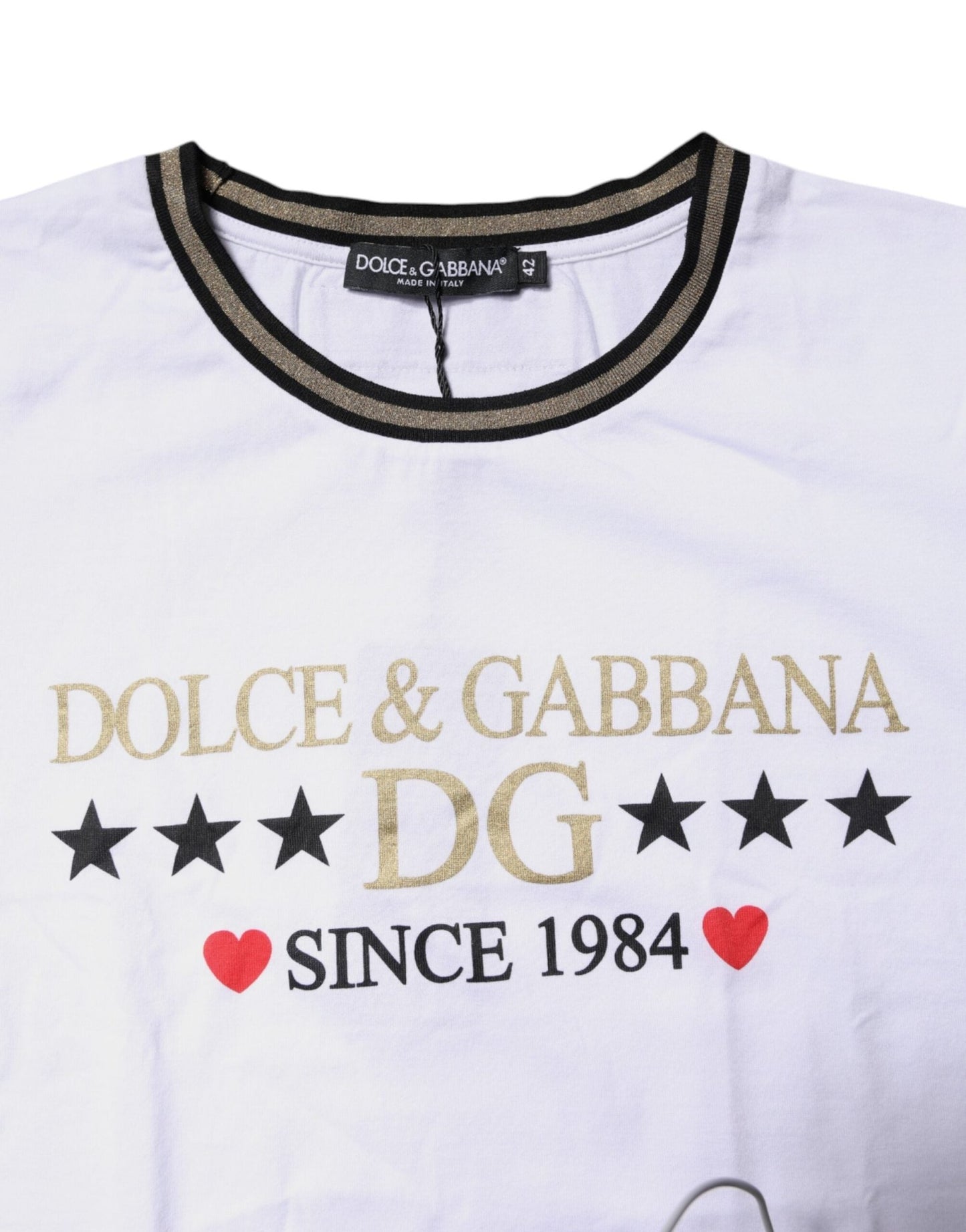 Dolce & Gabbana White Printed Round Neck Top Cotton T-shirt - Sandy Store ByNet