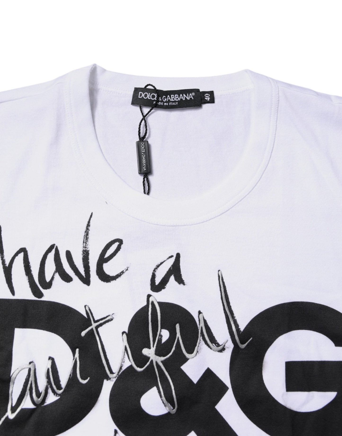 Dolce & Gabbana White Printed Round Neck Top Cotton T-shirt - Sandy Store ByNet