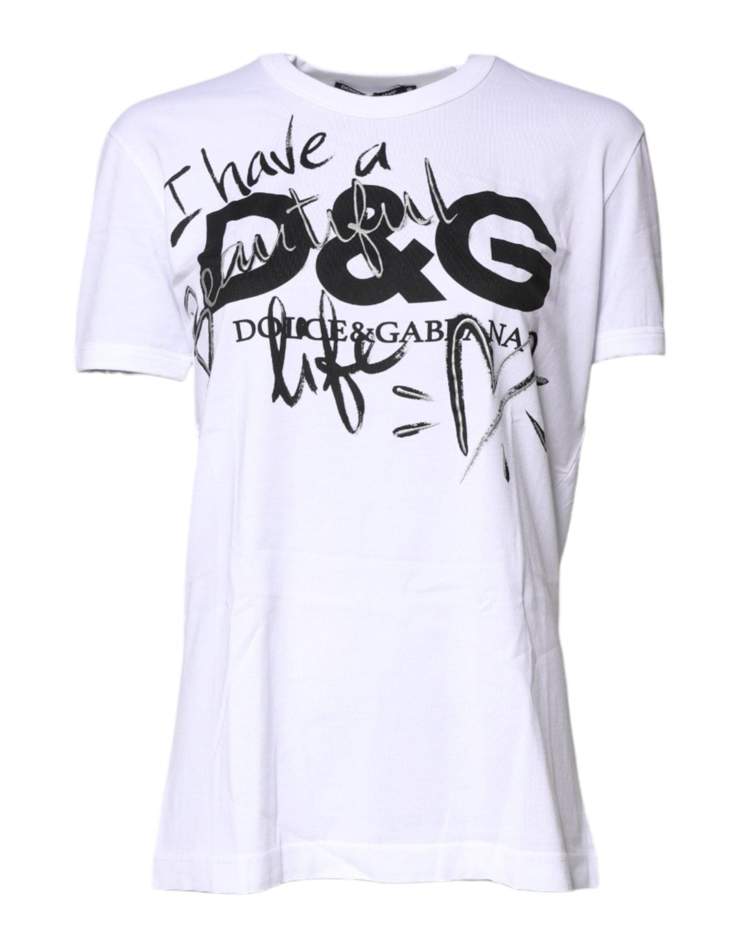 Dolce & Gabbana White Printed Round Neck Top Cotton T-shirt - Sandy Store ByNet