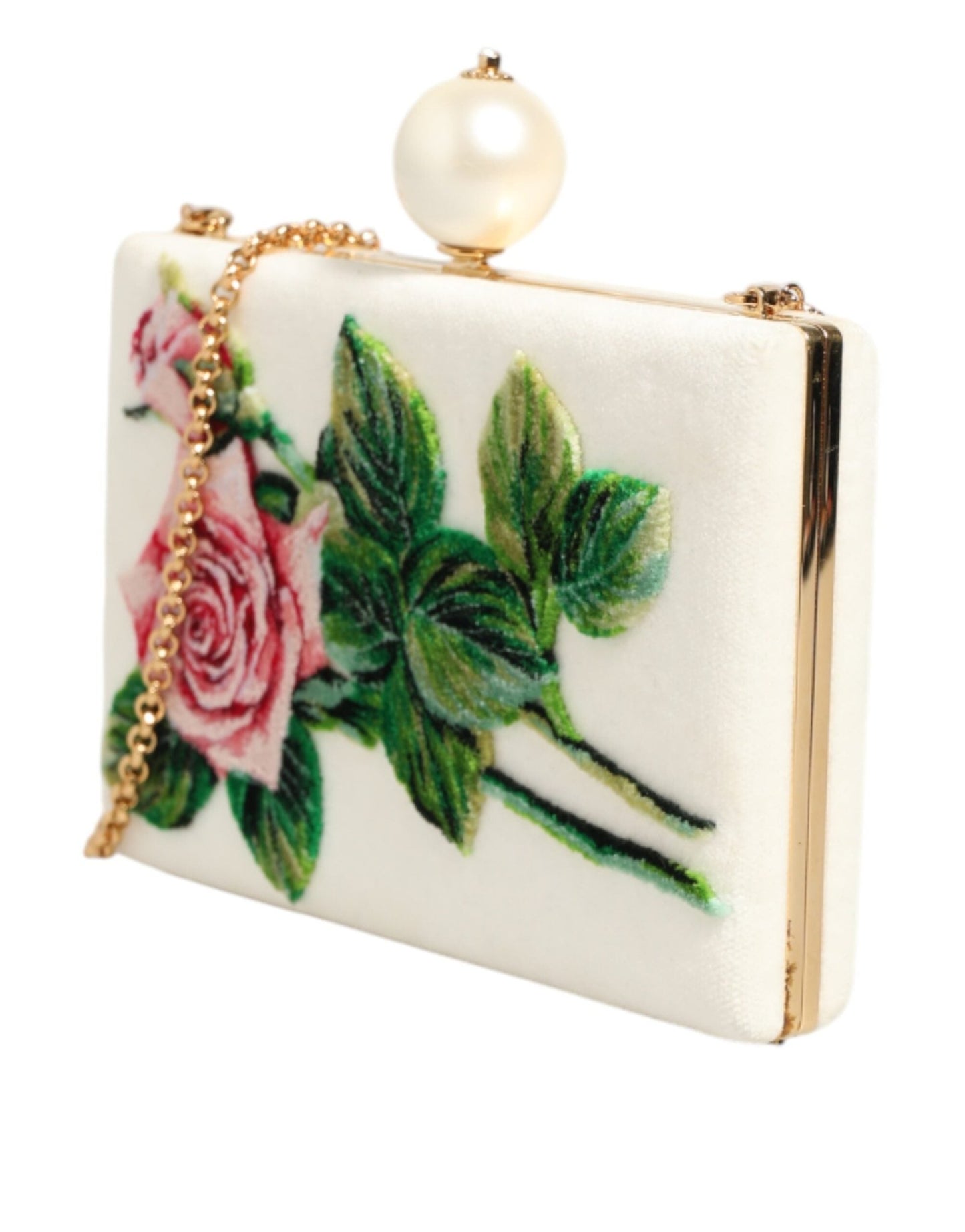 Dolce & Gabbana White Rose Embroidery Silk Gold Frame Clutch Purse Bag – par Dolce & Gabbana | Disponible sur Sandy Store ByNet