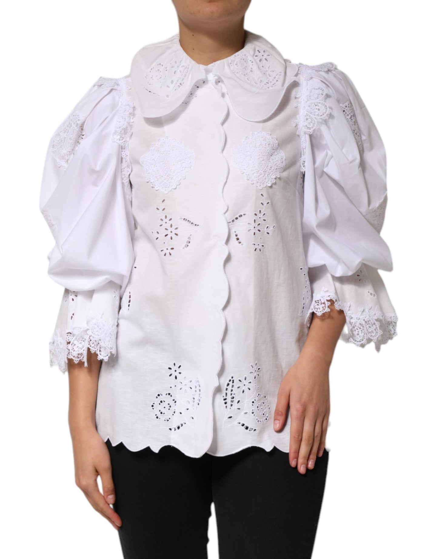 Dolce & Gabbana White Ruffled Lace Embellished Blouse Top – IT42|M par Dolce & Gabbana | Disponible sur Sandy Store ByNet
