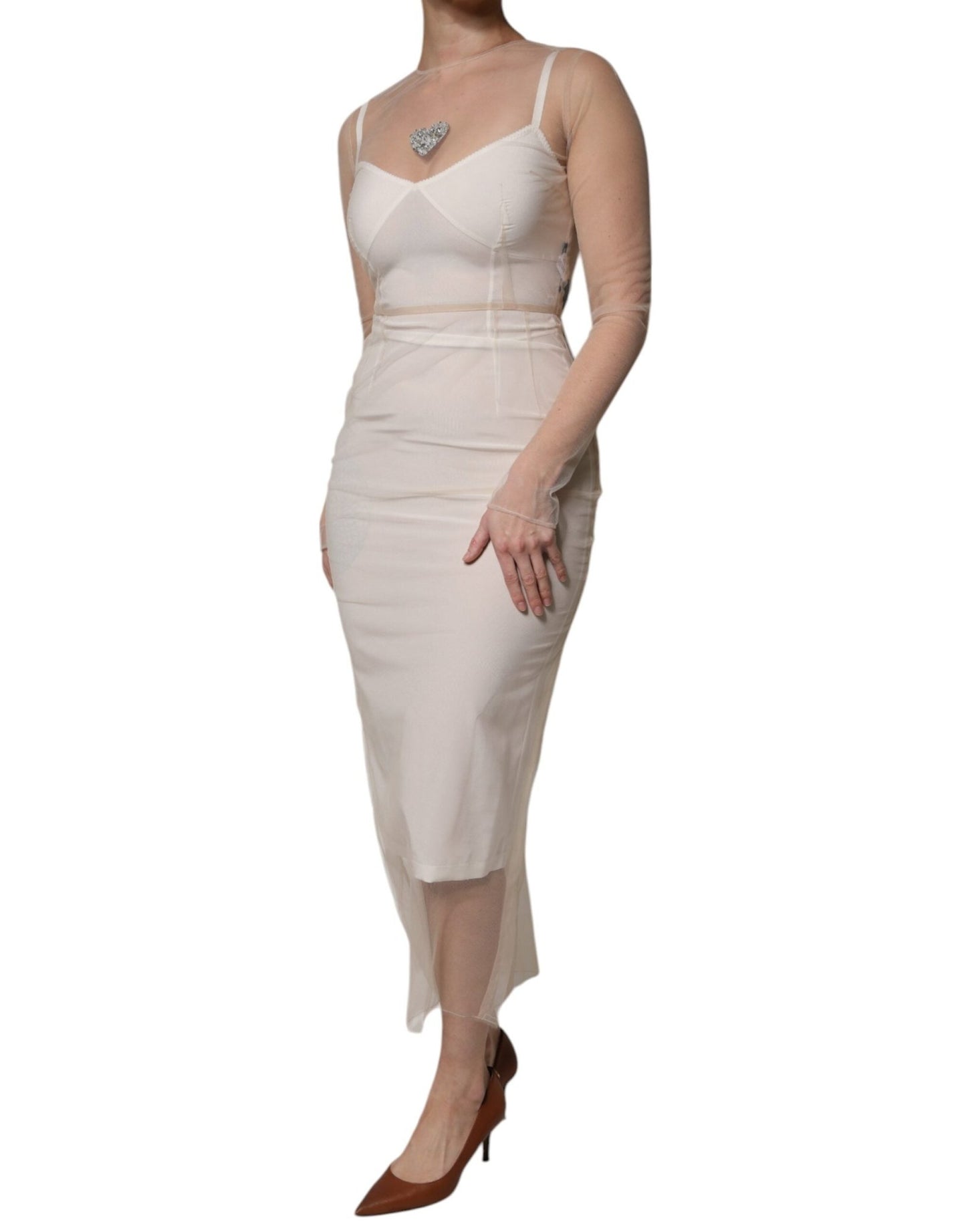 Dolce & Gabbana White Sheer Tulle Bustier Bodycon Midi Dress - Sandy Store ByNet