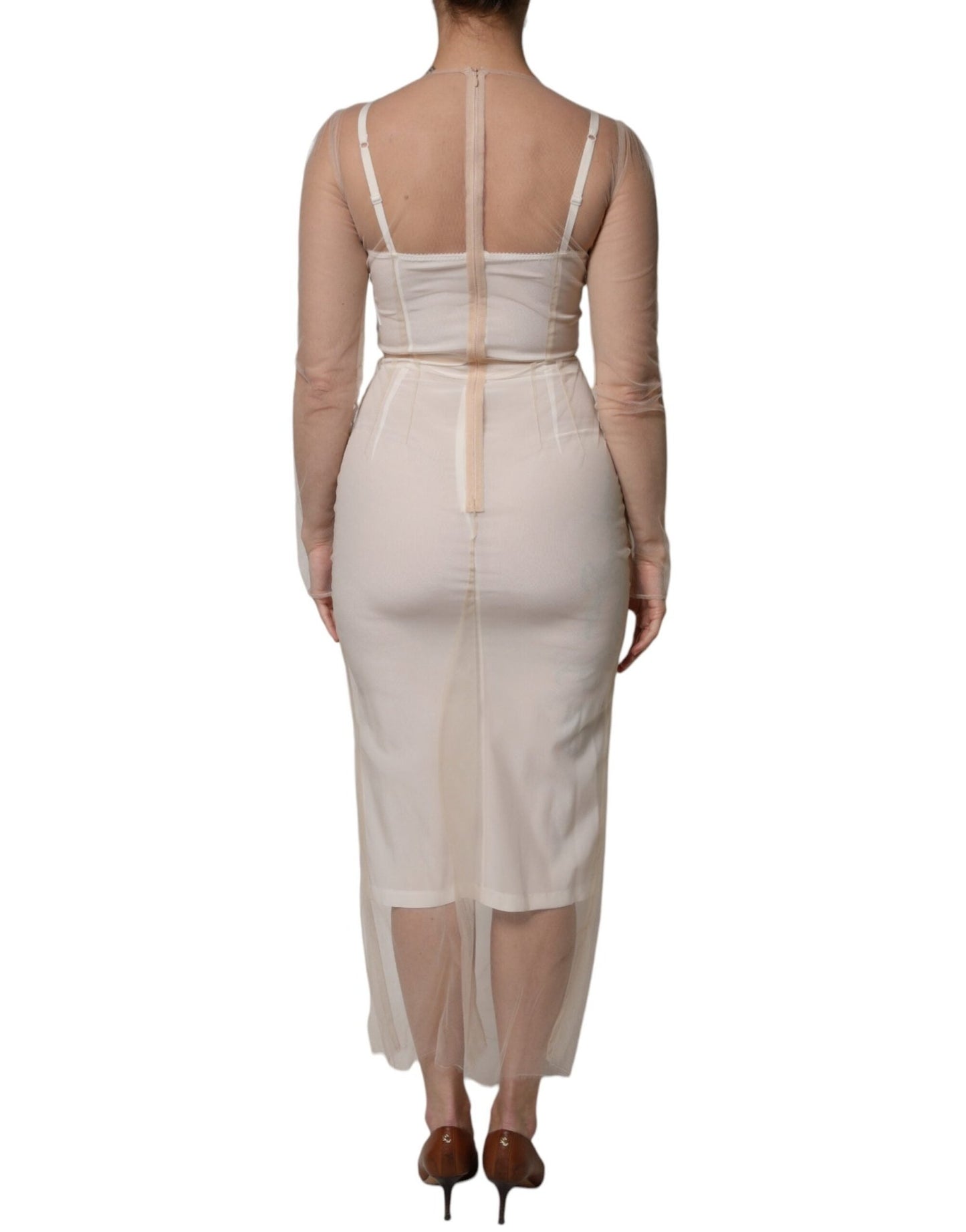 Dolce & Gabbana White Sheer Tulle Bustier Bodycon Midi Dress - Sandy Store ByNet