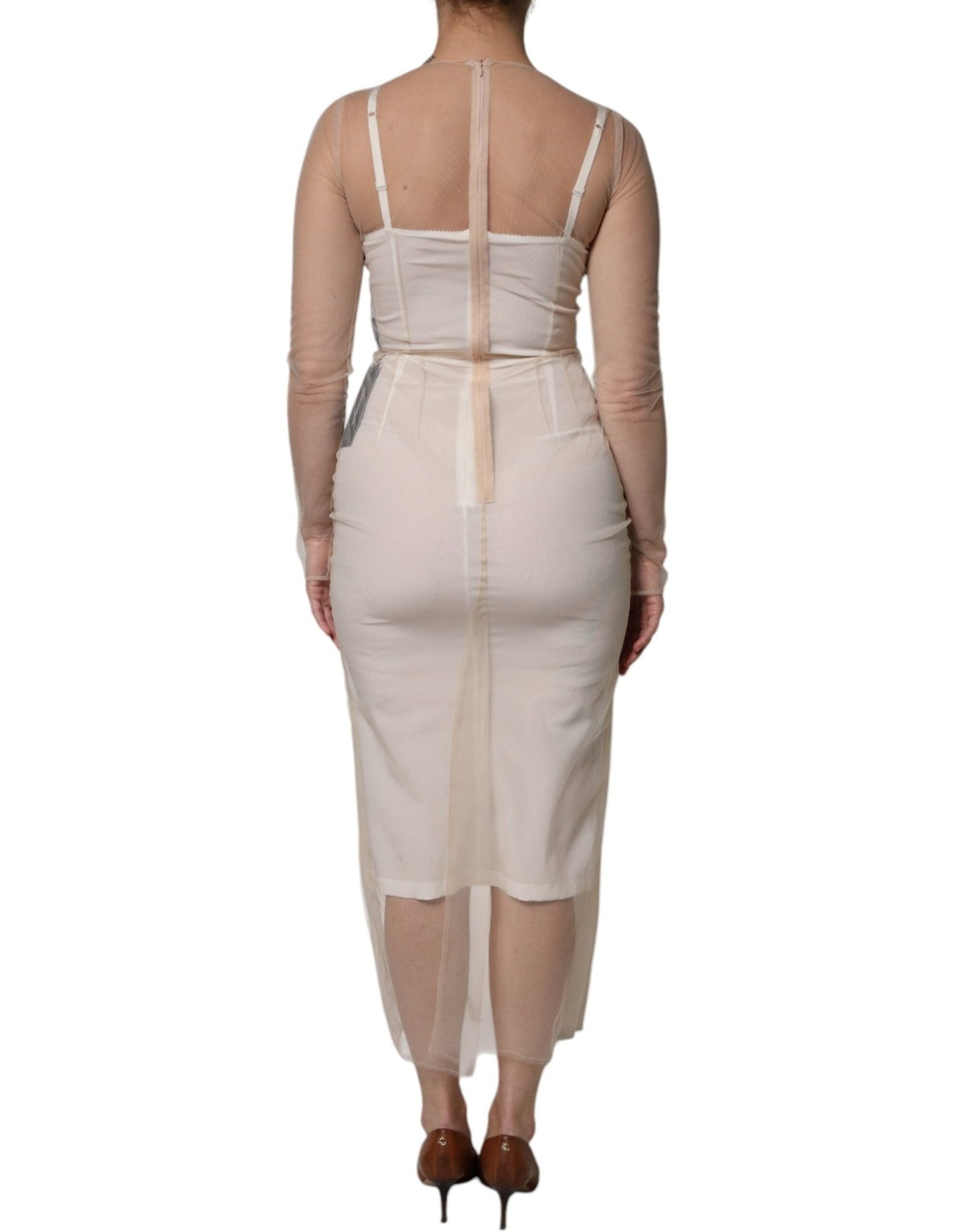 Dolce & Gabbana White Sheer Tulle Bustier Bodycon Midi Dress - Sandy Store ByNet