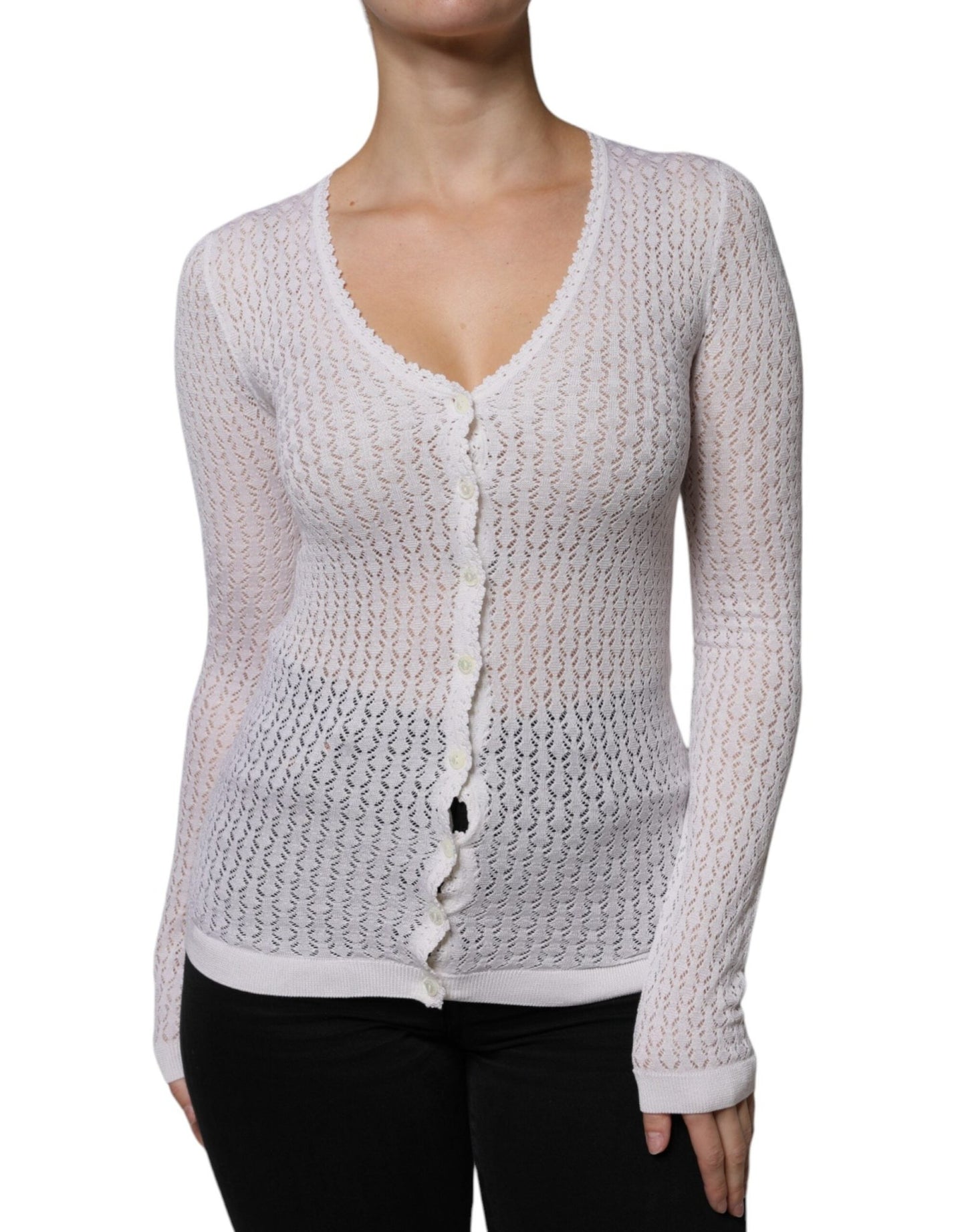Dolce & Gabbana White Silk Button Down Cardigan Sweater – IT36 | XS par Dolce & Gabbana | Disponible sur Sandy Store ByNet