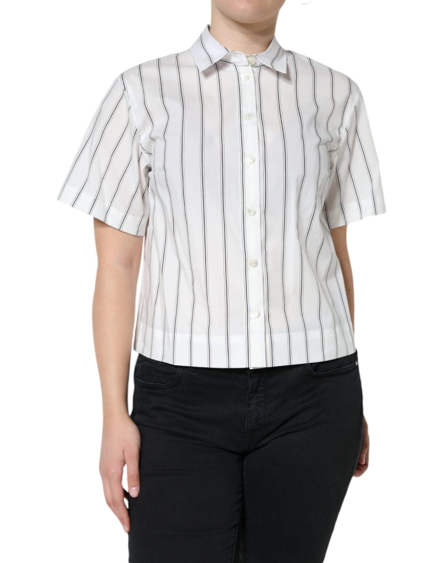 Dolce & Gabbana White Striped Collared Short Sleeve Polo Top – IT40|S par Dolce & Gabbana | Disponible sur Sandy Store ByNet