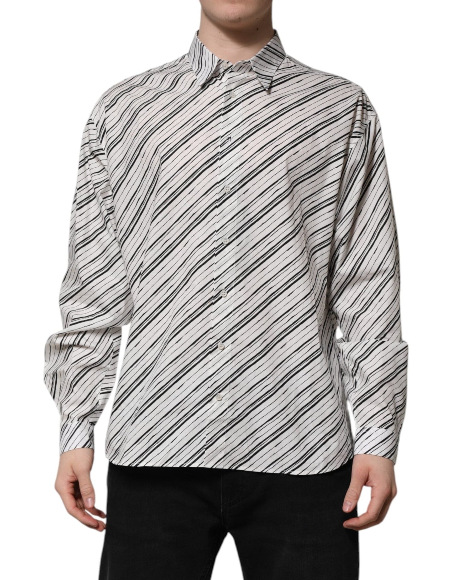 Dolce & Gabbana White Striped Long Sleeves Men Formal Shirt – IT42 | XL par Dolce & Gabbana | Disponible sur Sandy Store ByNet