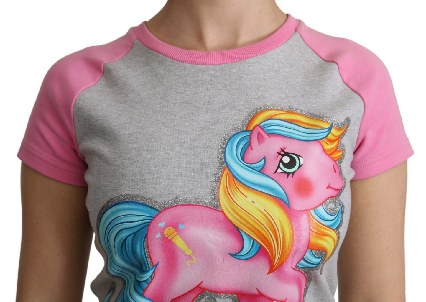 Moschino Chic Gray Crew Neck Cotton T-shirt with Pink Accents - Sandy Store ByNet