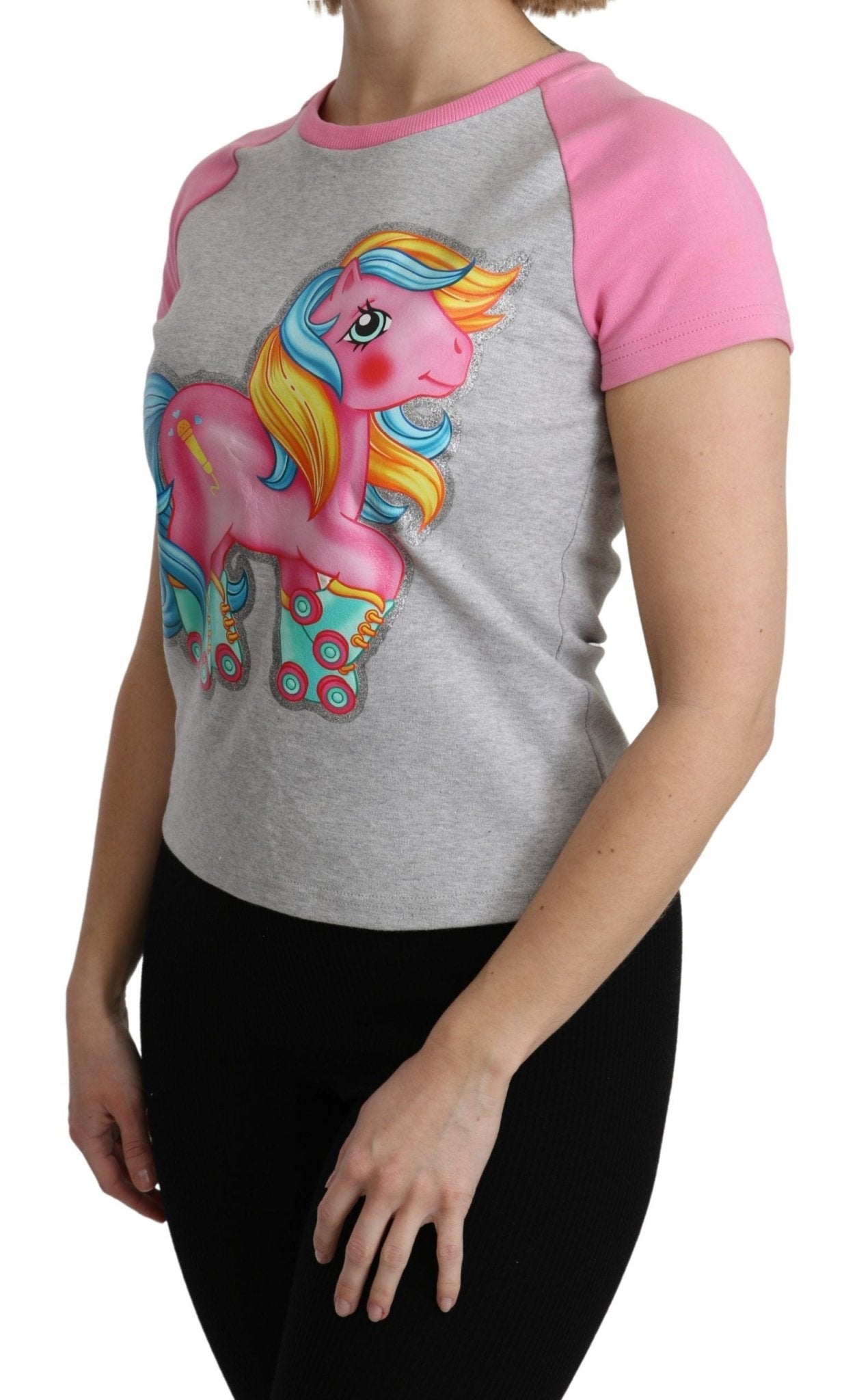 Moschino Chic Gray Crew Neck Cotton T-shirt with Pink Accents - Sandy Store ByNet