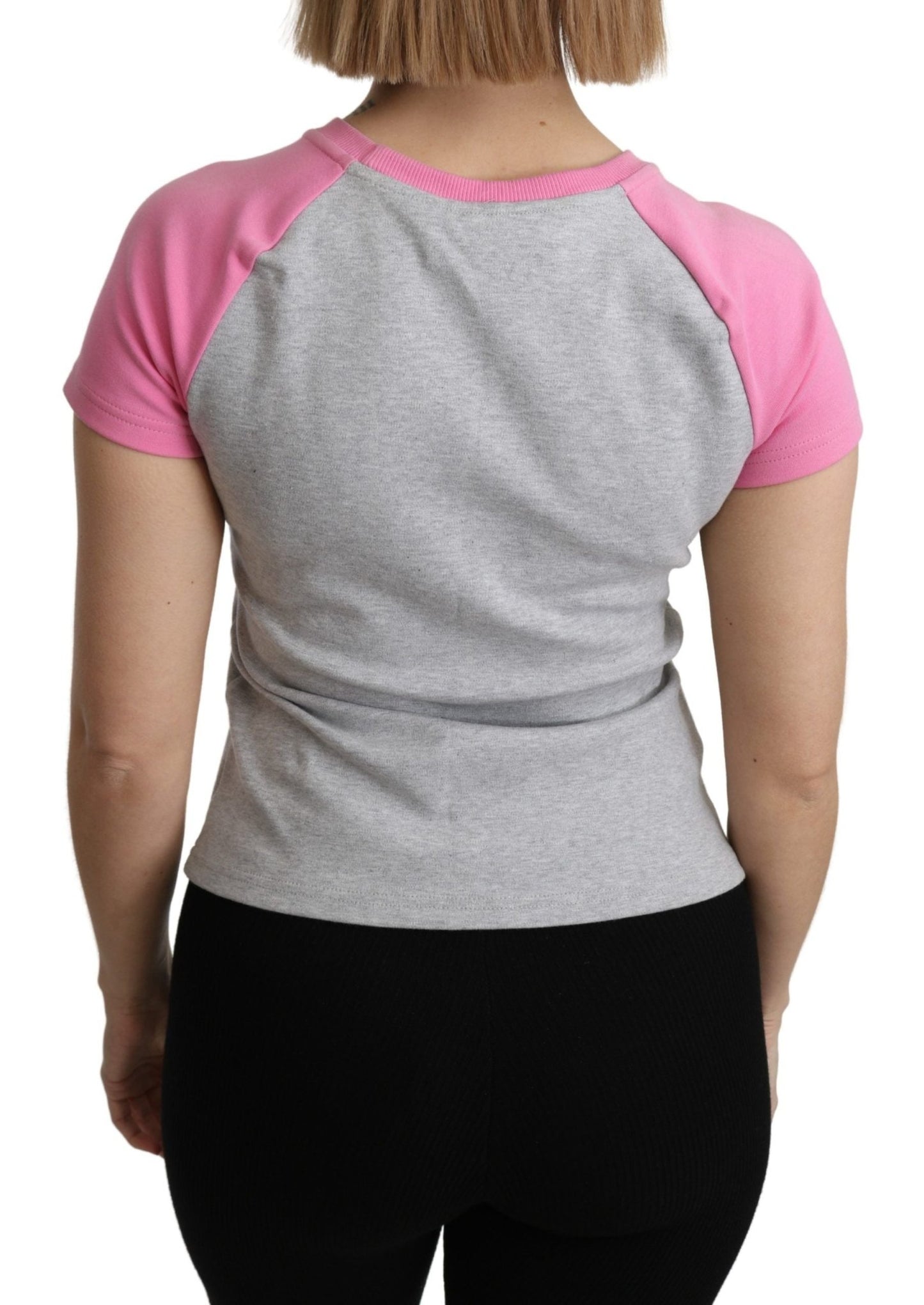 Moschino Chic Gray Crew Neck Cotton T-shirt with Pink Accents - Sandy Store ByNet