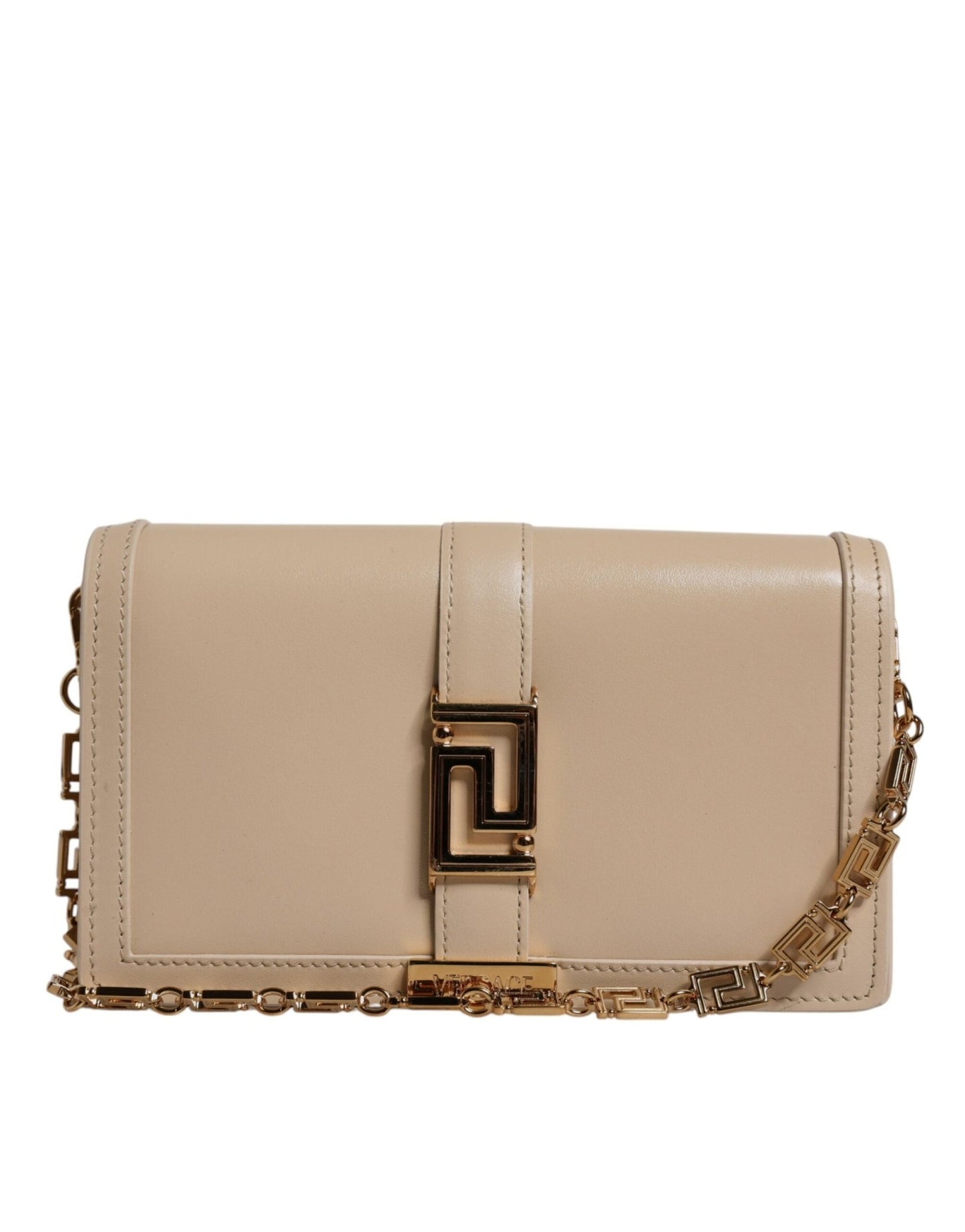 Versace Beige Gold Chain Calf Leather Wallet Crossbody Bag - Sandy Store ByNet