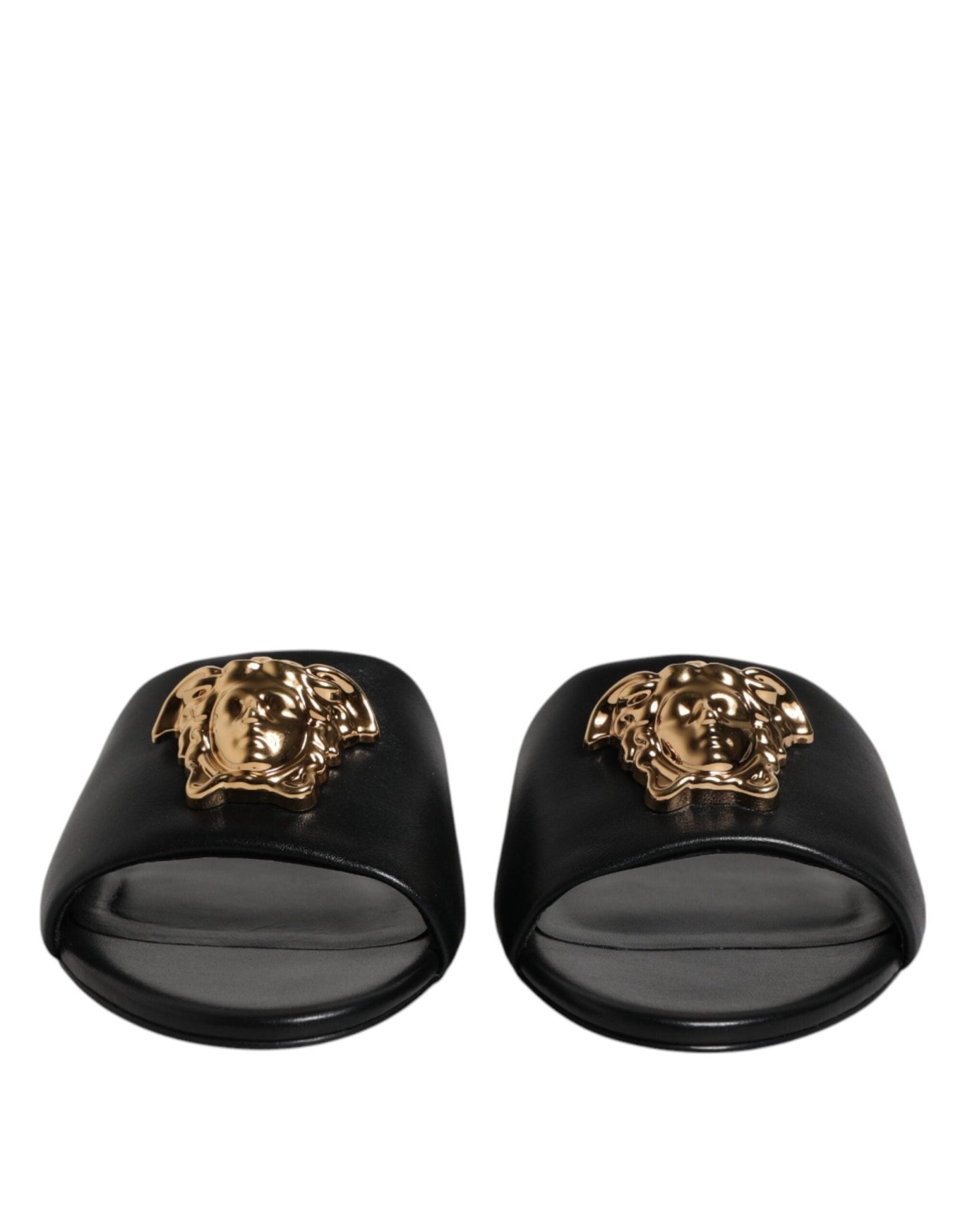 Versace Black Leather Logo Plaque Slip On Slides Flats Shoes - Sandy Store ByNet