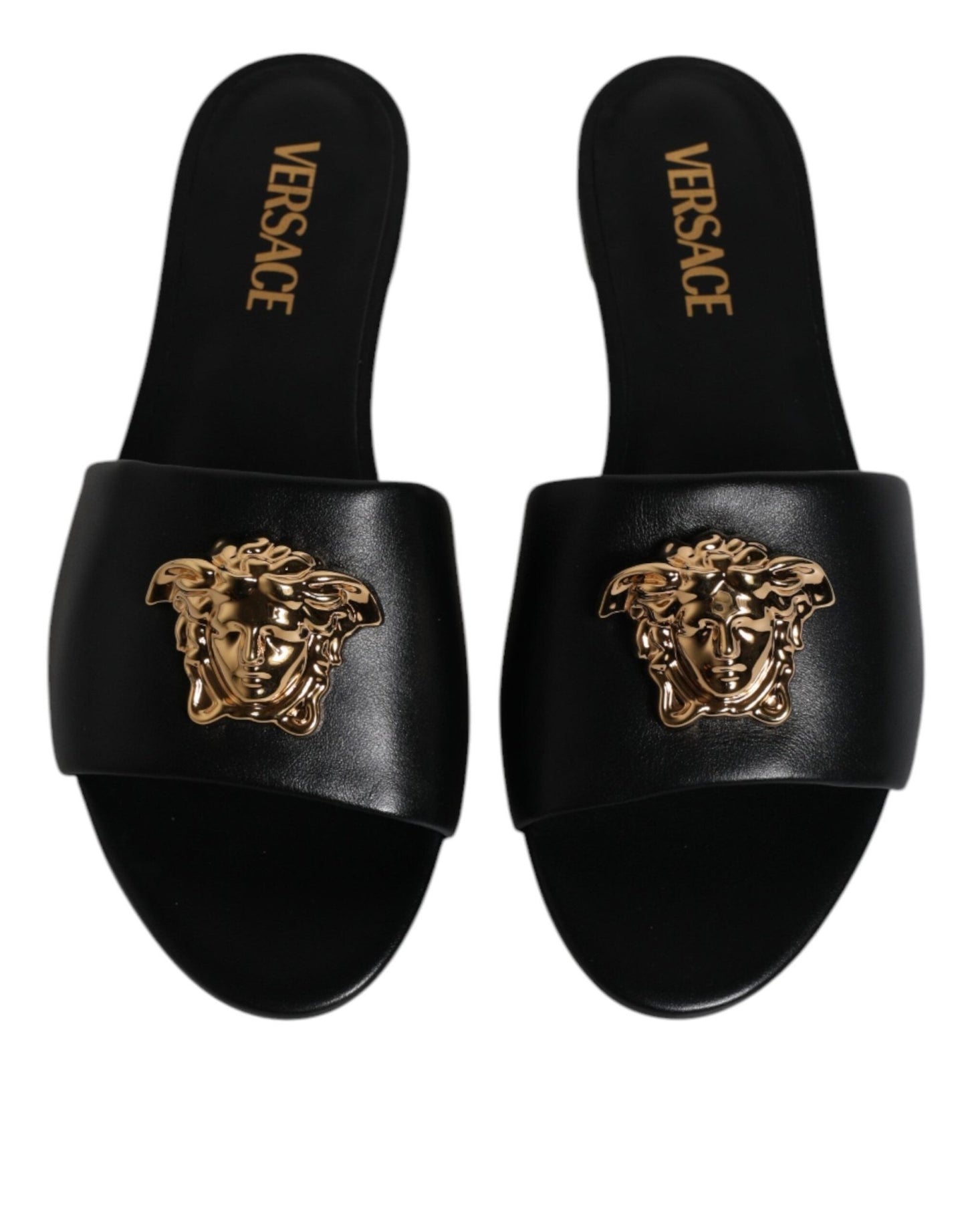 Versace Black Leather Logo Plaque Slip On Slides Flats Shoes - Sandy Store ByNet