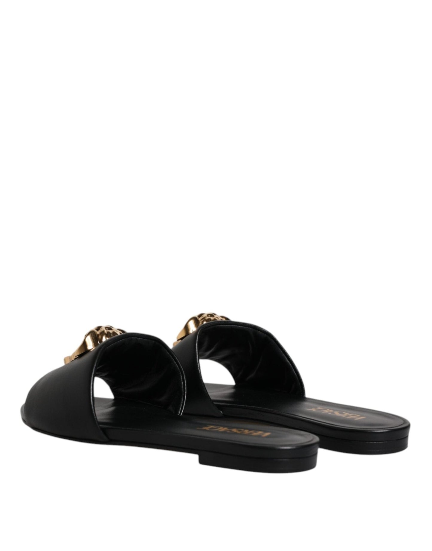 Versace Black Leather Logo Plaque Slip On Slides Flats Shoes - Sandy Store ByNet