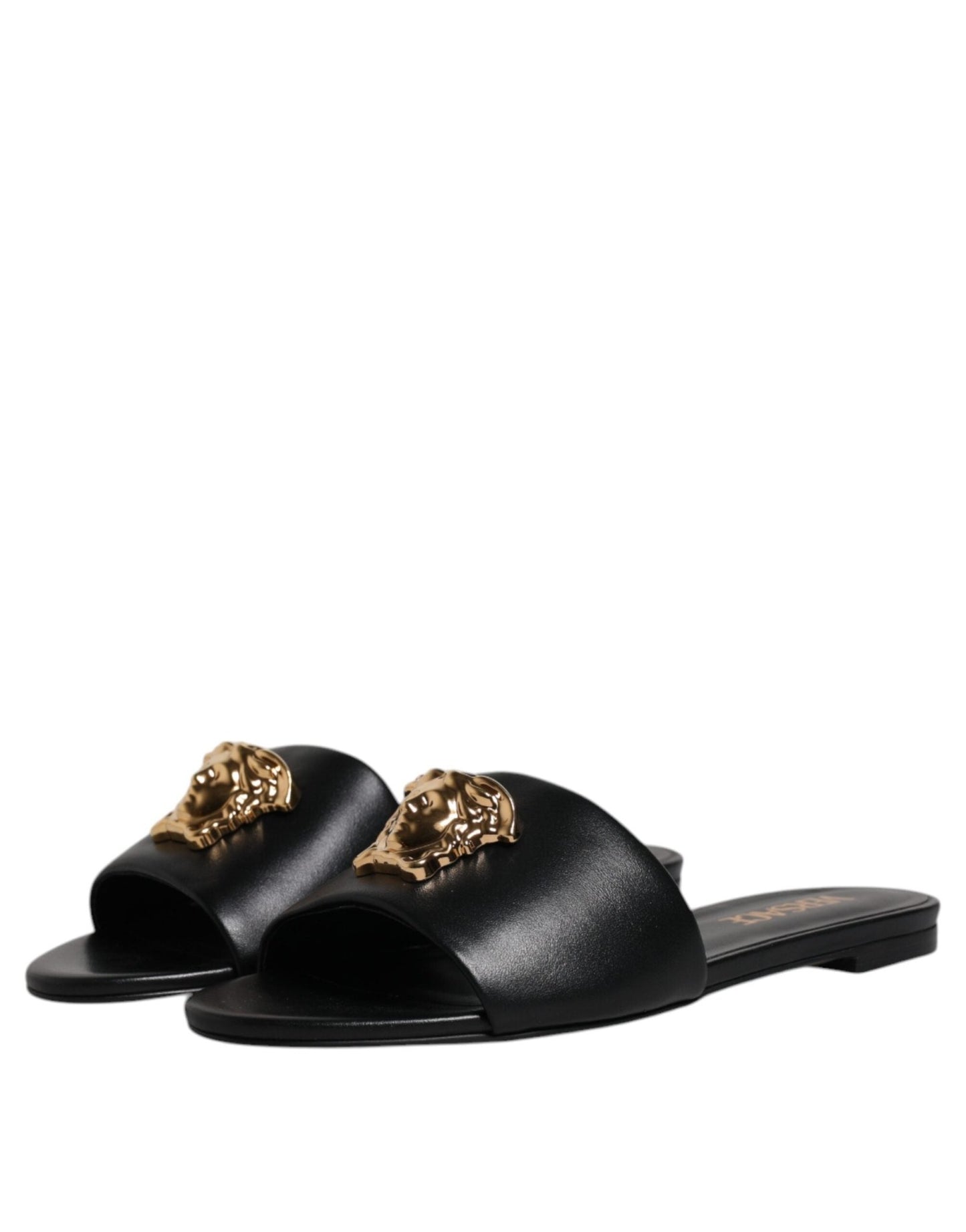 Versace Black Leather Logo Plaque Slip On Slides Flats Shoes - Sandy Store ByNet