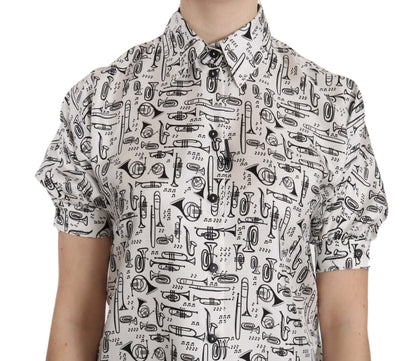 Dolce &amp; Gabbana Elegante blusa de seda con estampado de trompeta